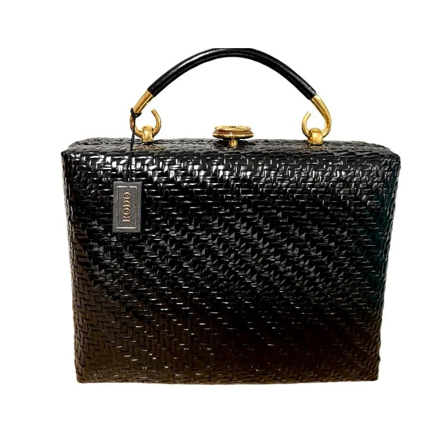 Vintage 1960s Rodo Italy Black Wicker Woven Purse Briefcase Bag NWT/Box