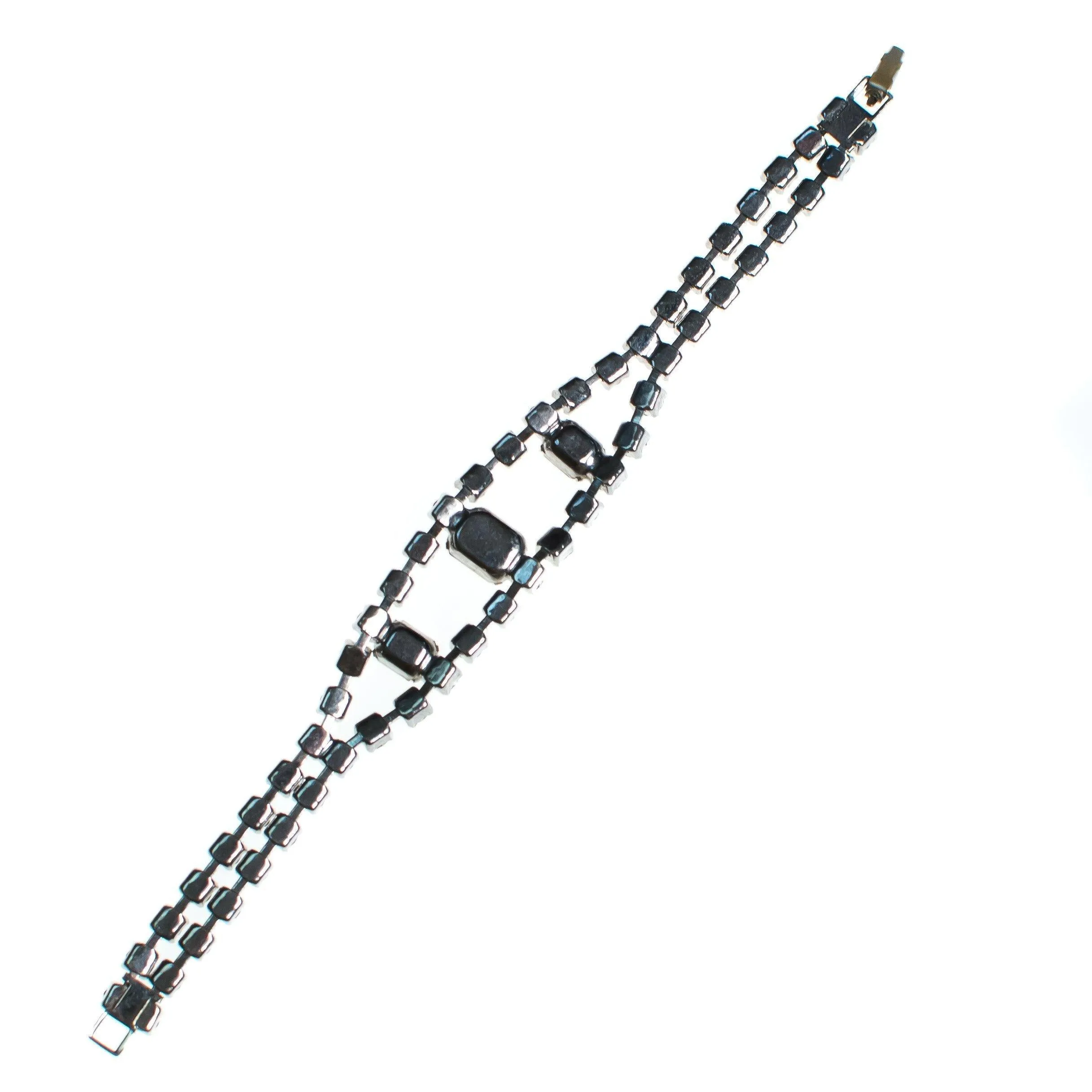 Vintage Art Deco Diamante Rhinestone Crystal Bracelet, Silver Tone Setting, Snap Lock Clasp