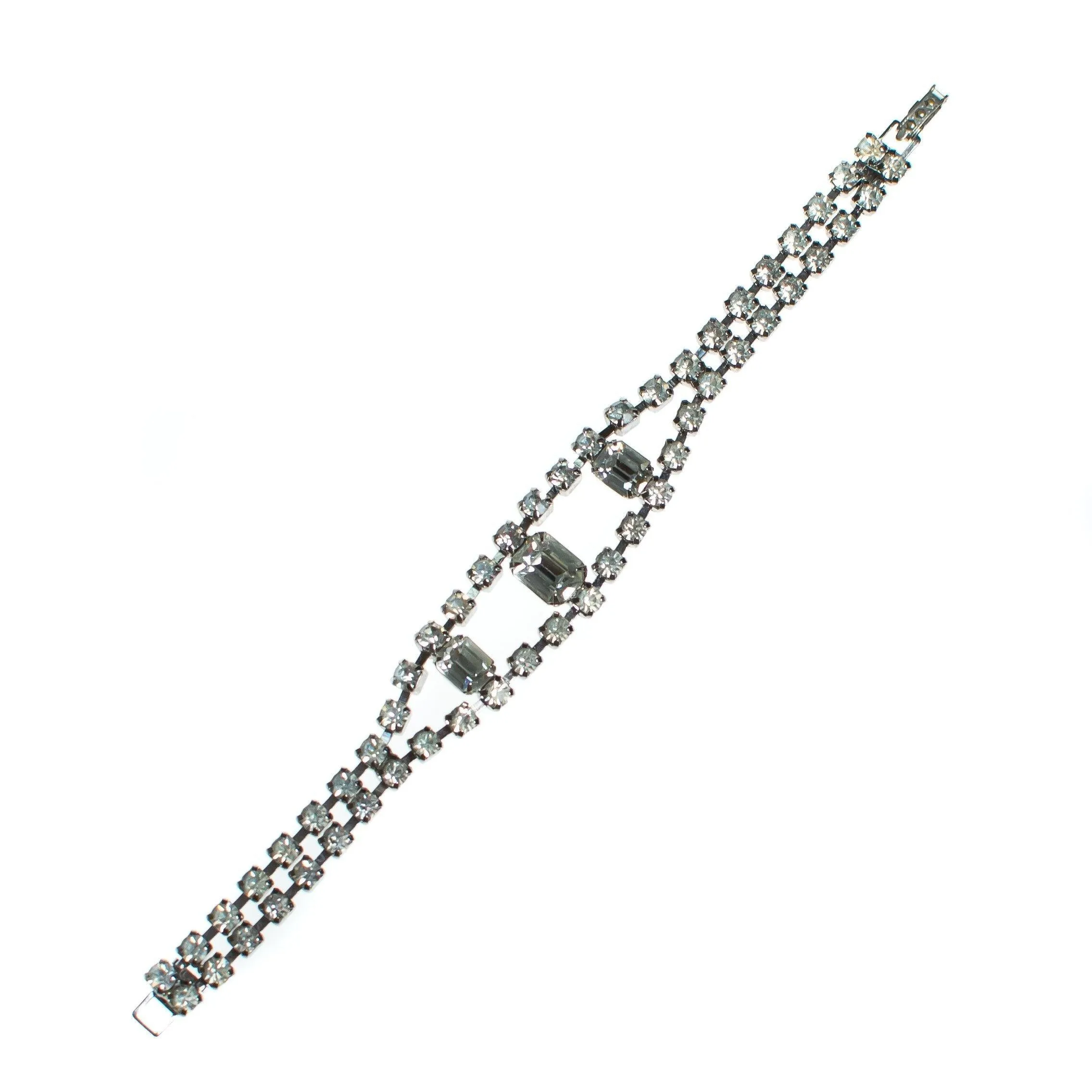 Vintage Art Deco Diamante Rhinestone Crystal Bracelet, Silver Tone Setting, Snap Lock Clasp