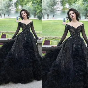 vintage black prom dress ball gown feather lace applique luxury modest long sleeve prom gown vestido de graduacion