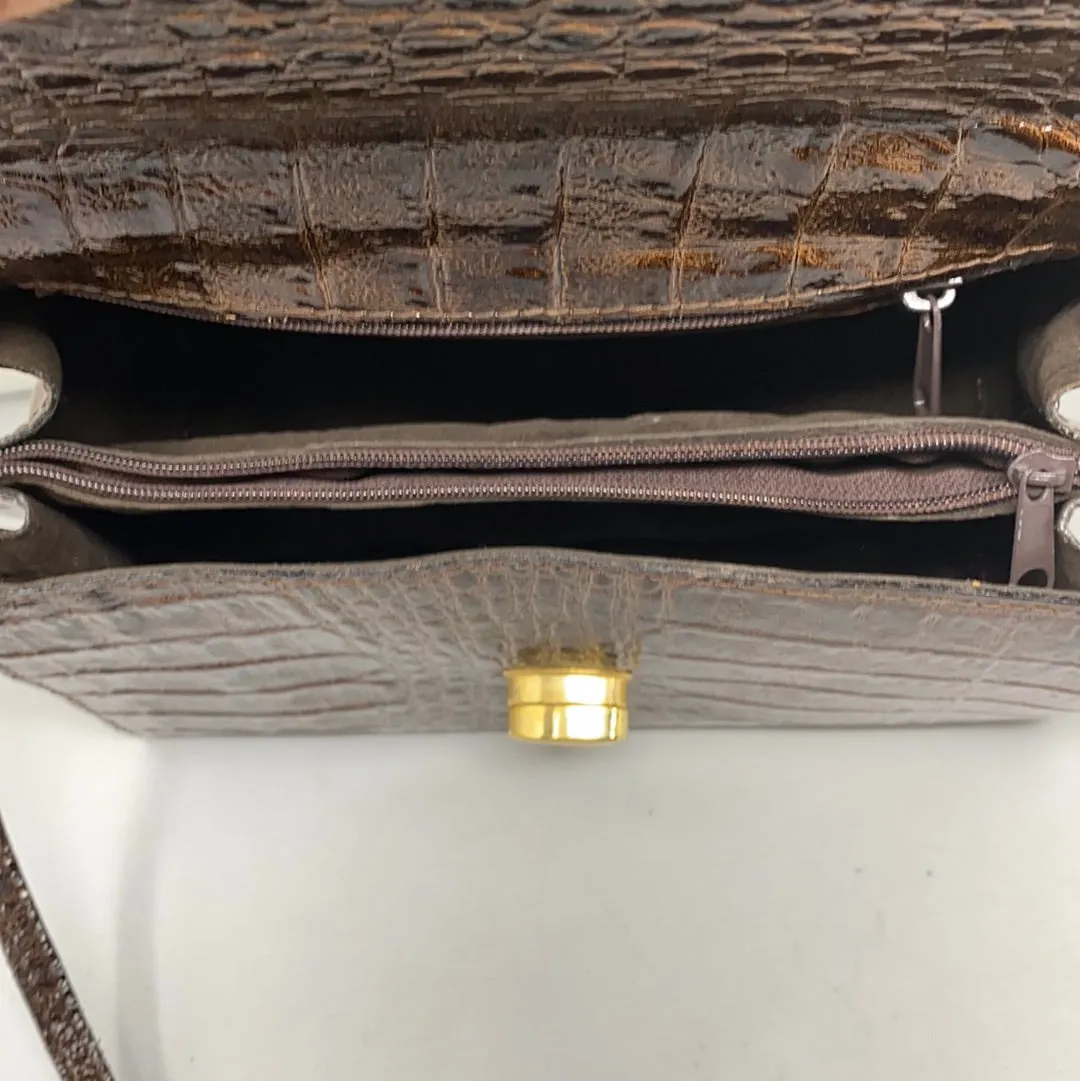 VINTAGE: Brown Patent Croc-Embossed Top Handle Crossbody