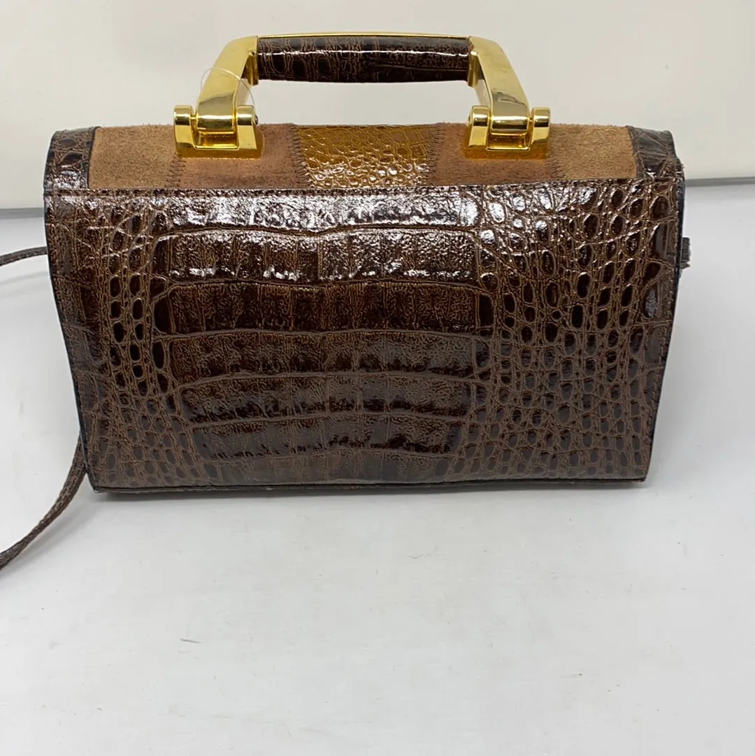 VINTAGE: Brown Patent Croc-Embossed Top Handle Crossbody