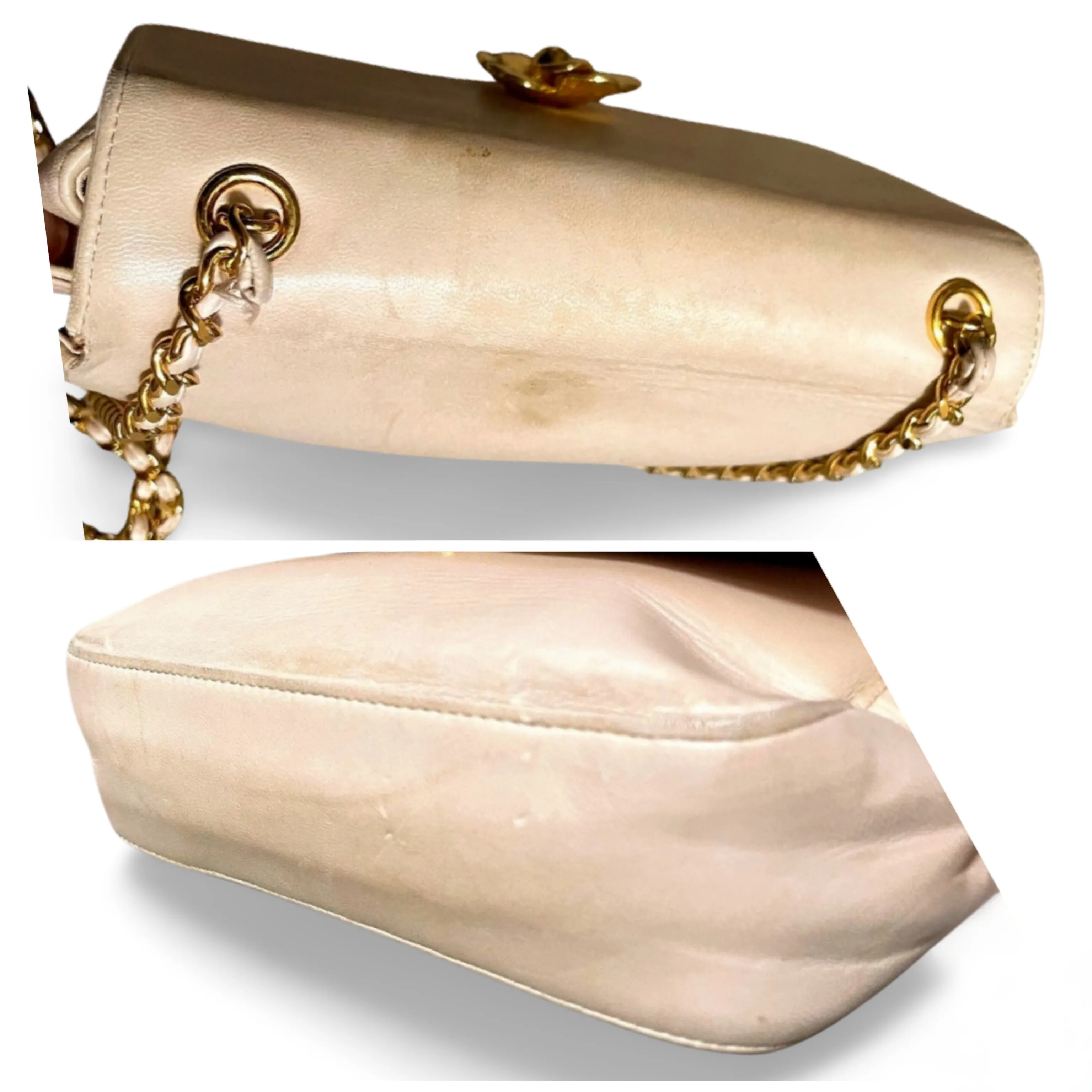 Vintage CHANEL pale pink beige lambskin chain shoulder bag with golden camellia flower motif on flap. Hard-to-find, Rare purse. 060903ac1