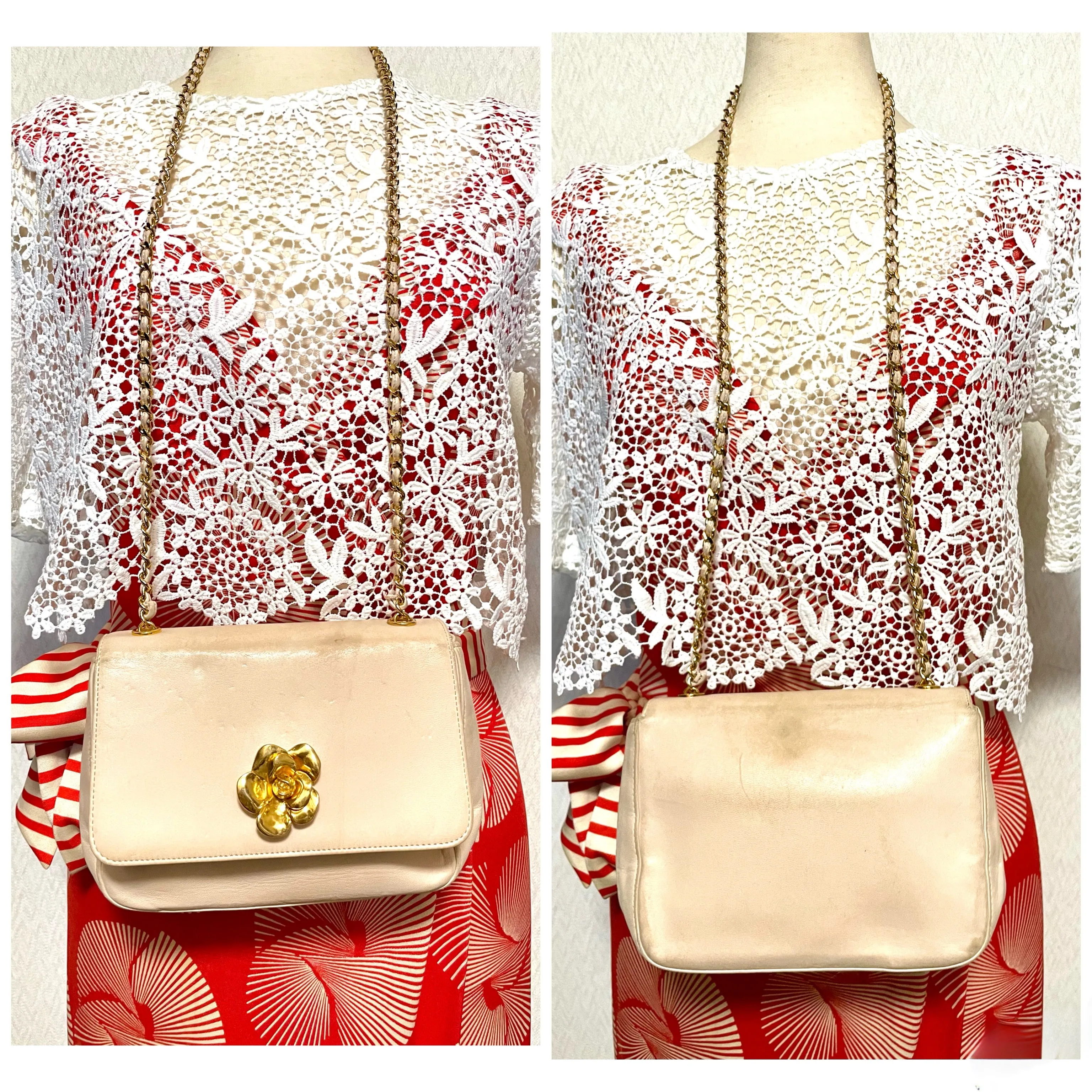 Vintage CHANEL pale pink beige lambskin chain shoulder bag with golden camellia flower motif on flap. Hard-to-find, Rare purse. 060903ac1