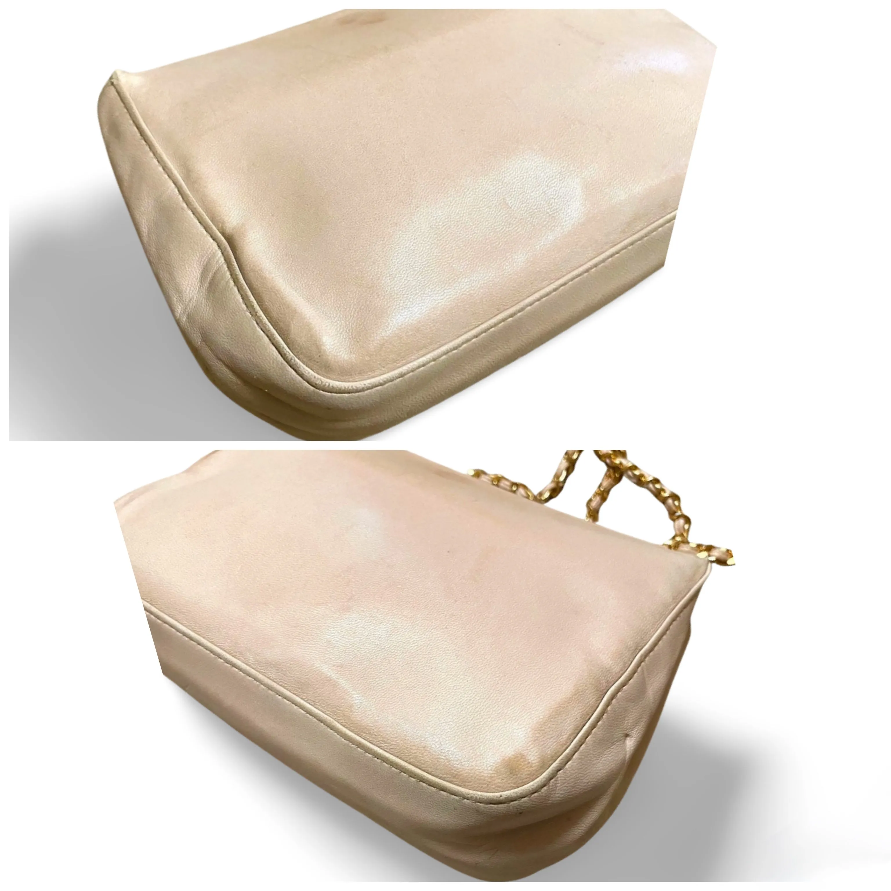 Vintage CHANEL pale pink beige lambskin chain shoulder bag with golden camellia flower motif on flap. Hard-to-find, Rare purse. 060903ac1