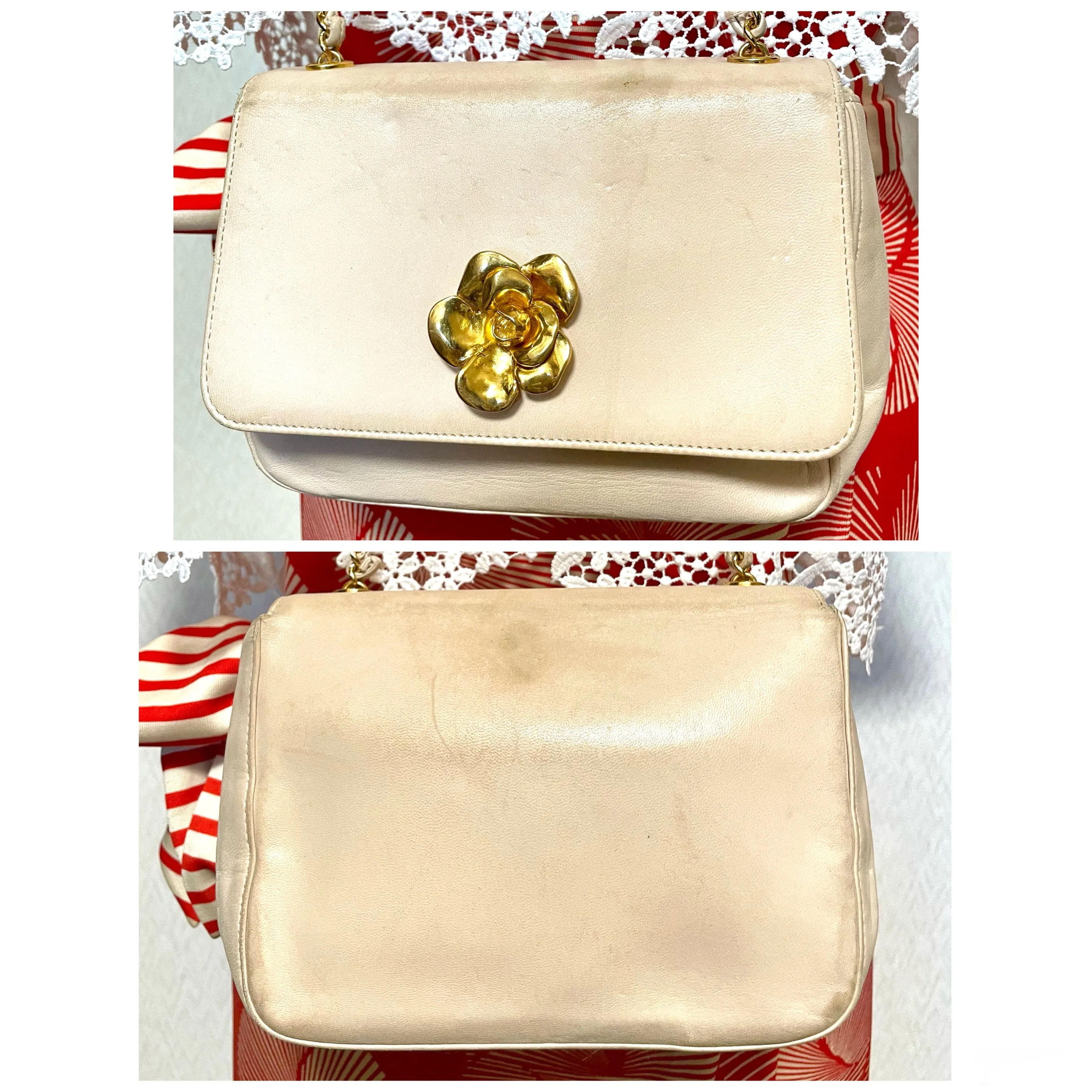 Vintage CHANEL pale pink beige lambskin chain shoulder bag with golden camellia flower motif on flap. Hard-to-find, Rare purse. 060903ac1