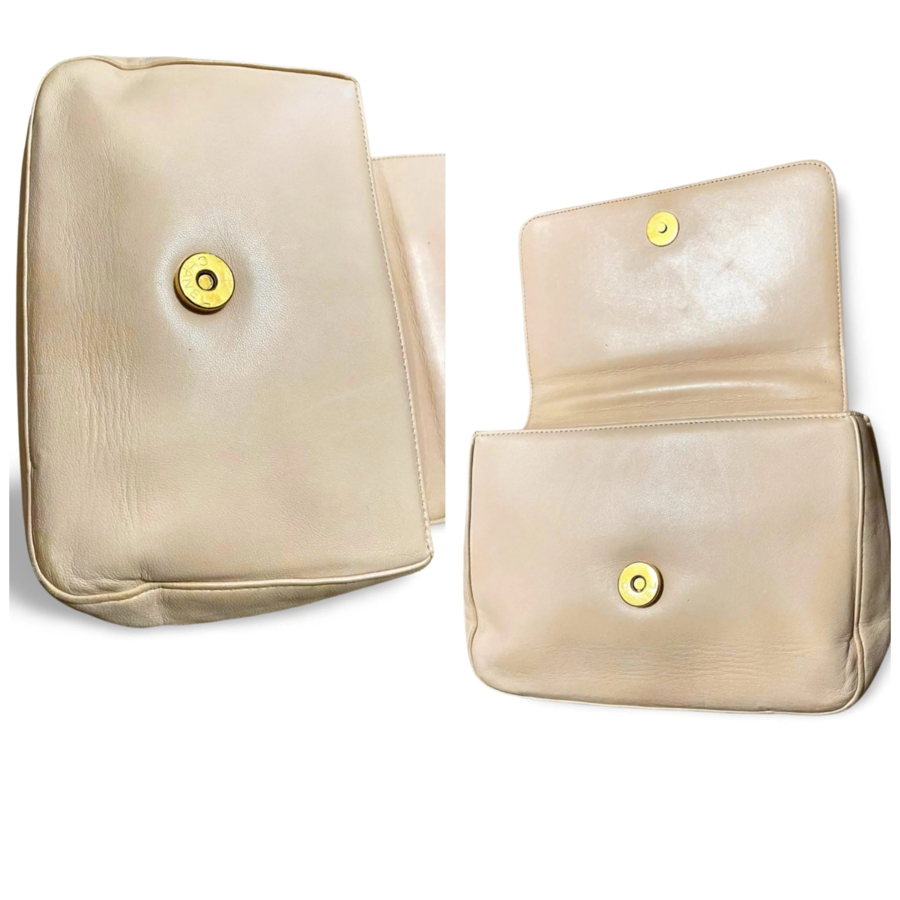 Vintage CHANEL pale pink beige lambskin chain shoulder bag with golden camellia flower motif on flap. Hard-to-find, Rare purse. 060903ac1