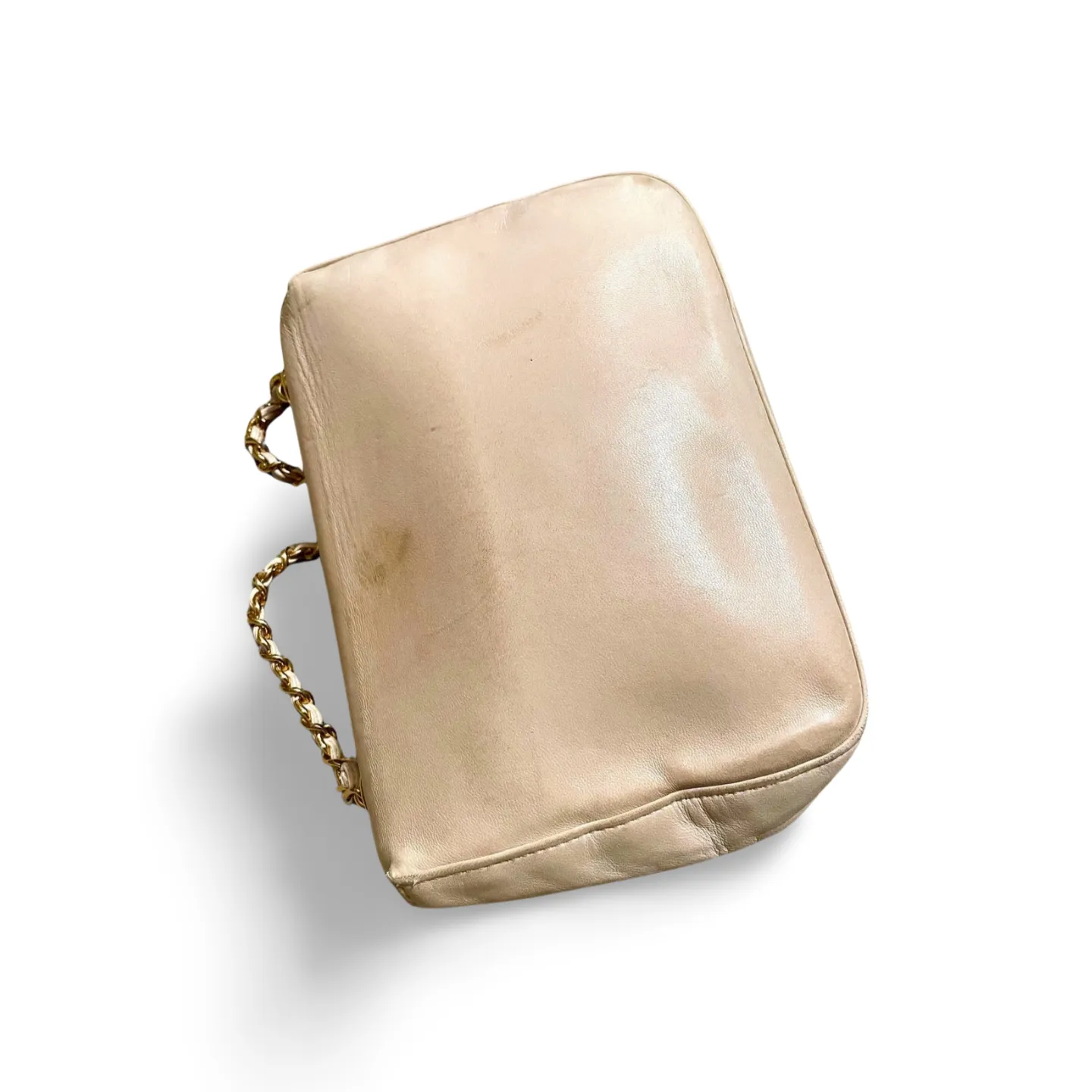 Vintage CHANEL pale pink beige lambskin chain shoulder bag with golden camellia flower motif on flap. Hard-to-find, Rare purse. 060903ac1