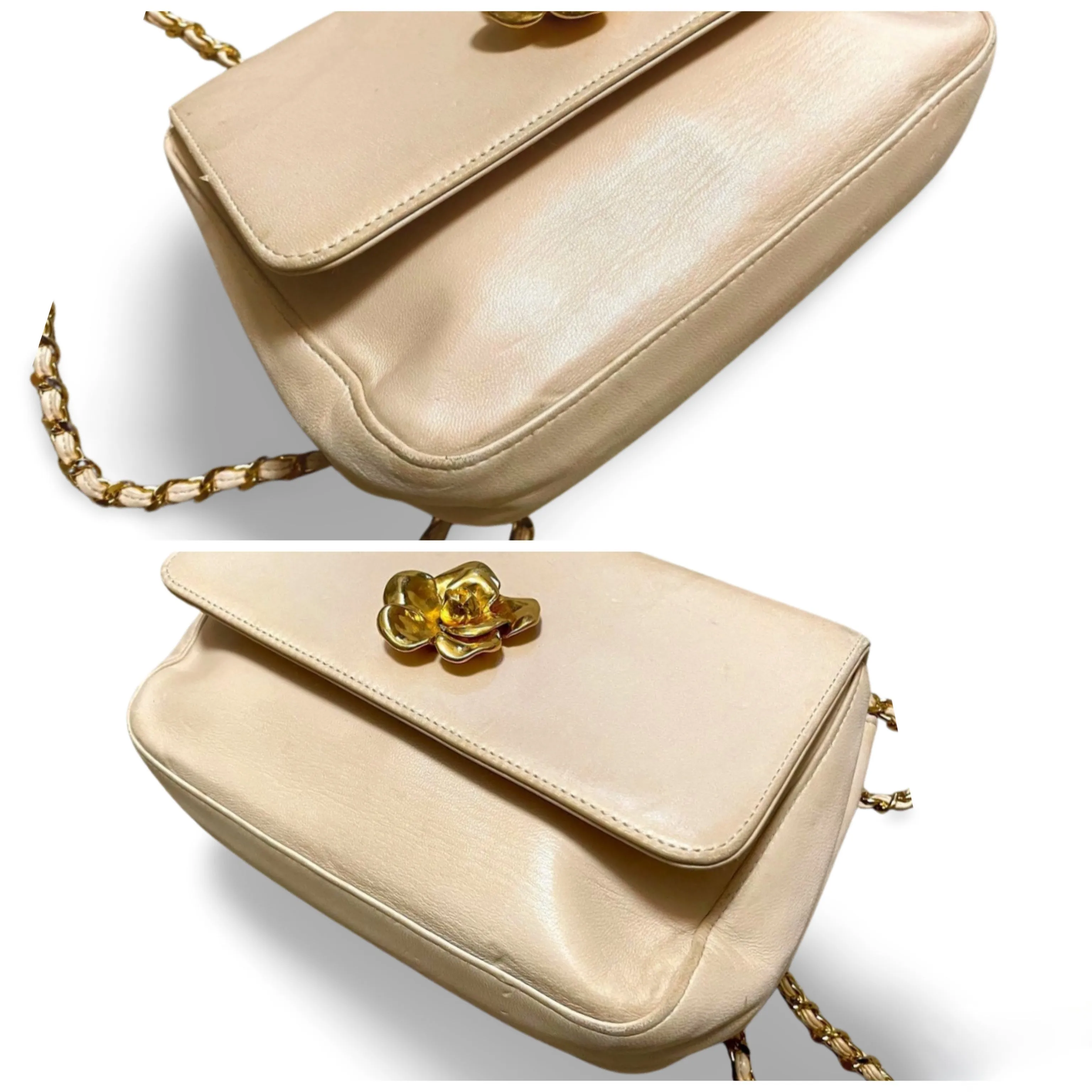 Vintage CHANEL pale pink beige lambskin chain shoulder bag with golden camellia flower motif on flap. Hard-to-find, Rare purse. 060903ac1
