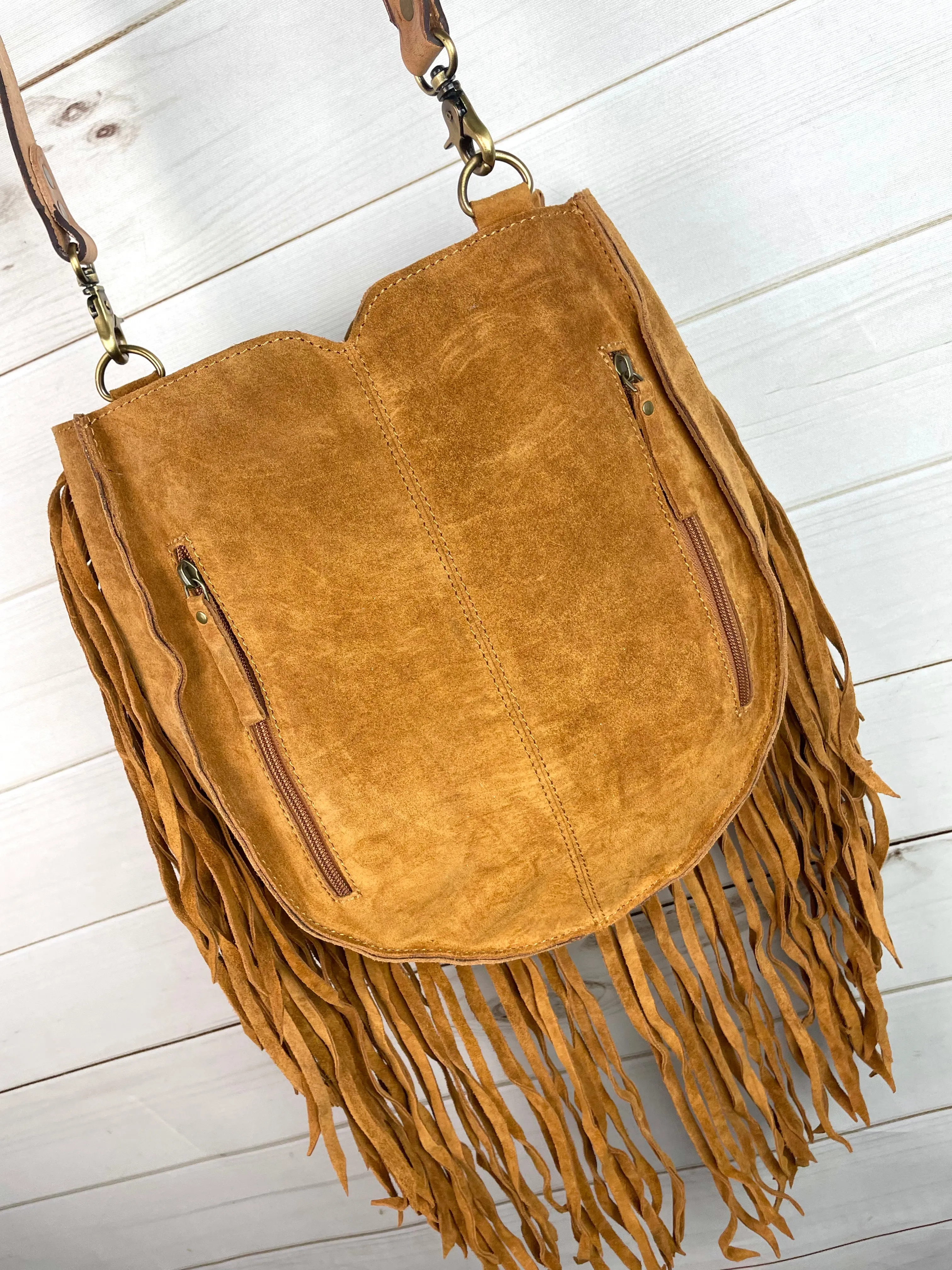 Vintage Sand Suede Tooled Leather Feather Handbag