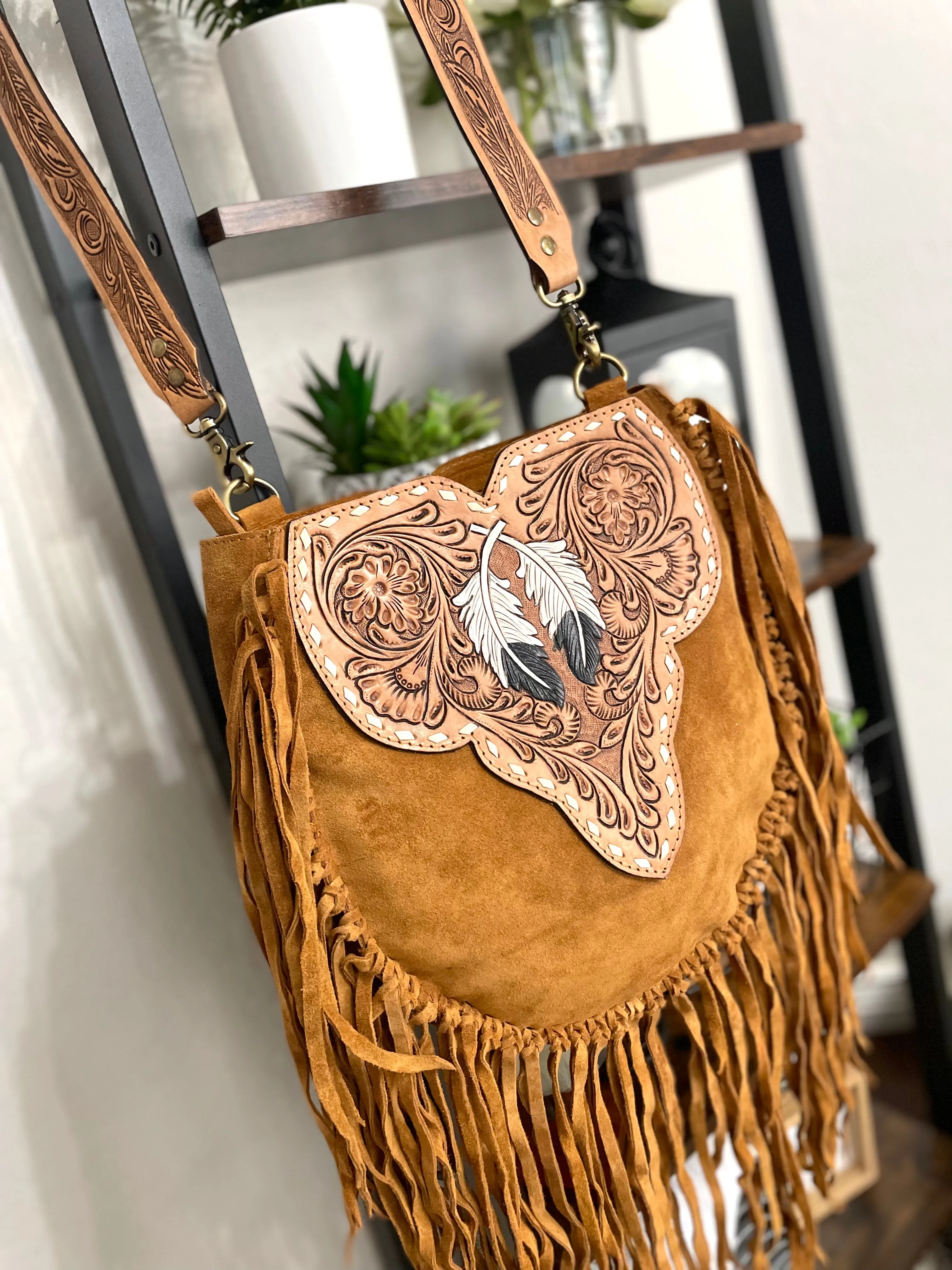 Vintage Sand Suede Tooled Leather Feather Handbag