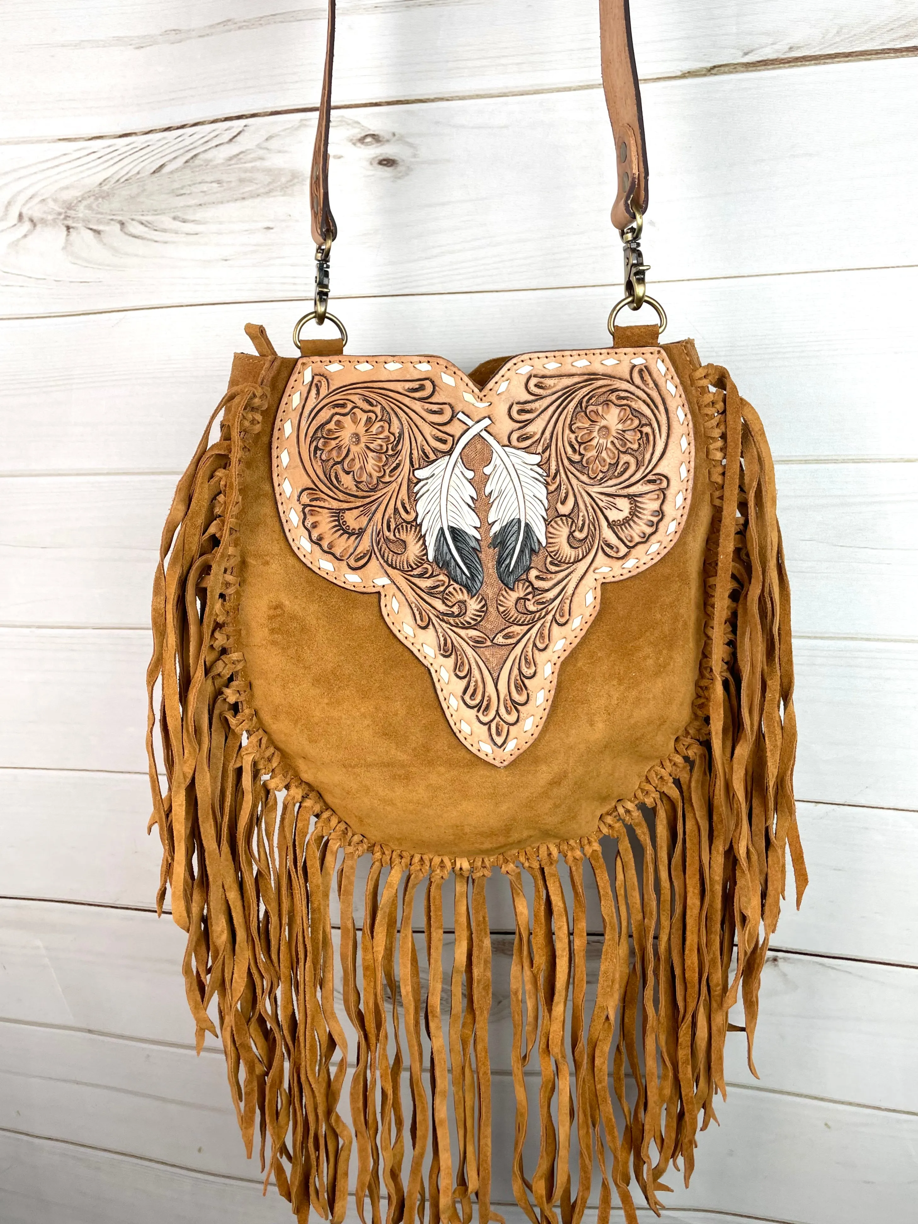 Vintage Sand Suede Tooled Leather Feather Handbag