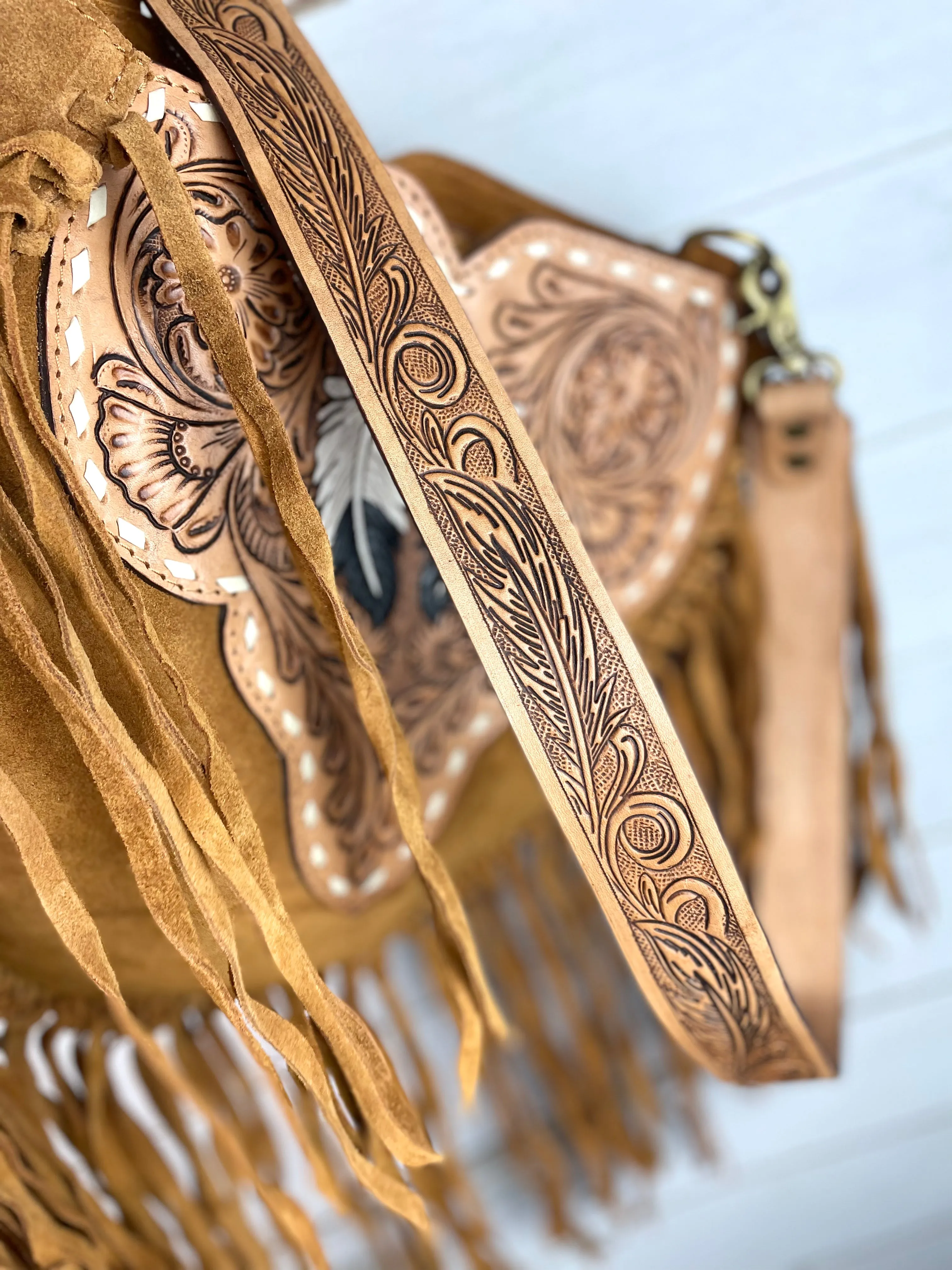 Vintage Sand Suede Tooled Leather Feather Handbag