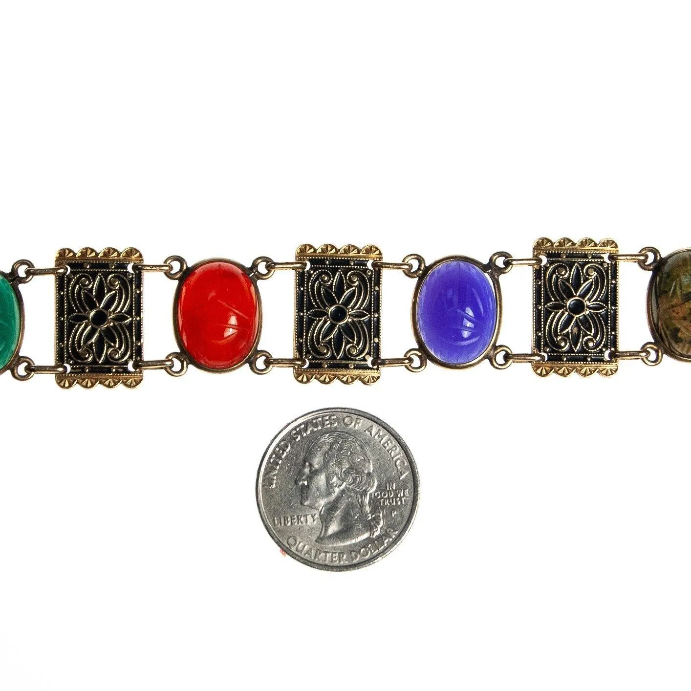 Vintage Scarab and Damascene Bracelet, Green, Red, Blue, and Green Gemstones, Gold Tone Setting, Snap Lock Clasp