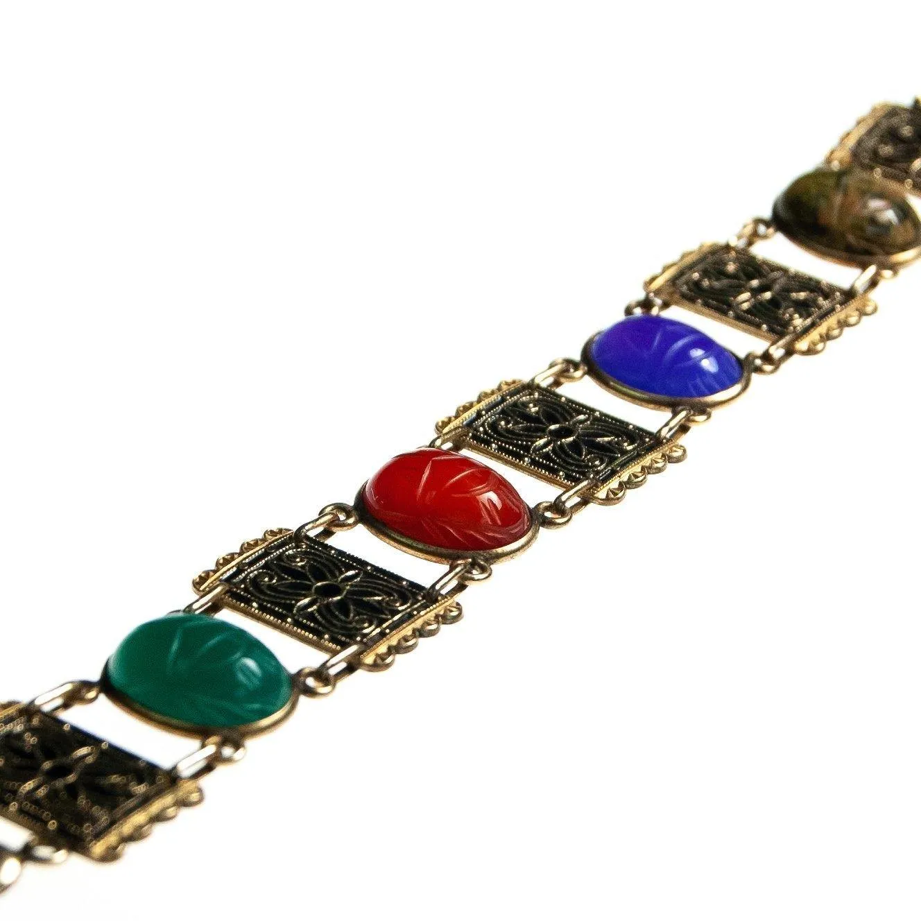 Vintage Scarab and Damascene Bracelet, Green, Red, Blue, and Green Gemstones, Gold Tone Setting, Snap Lock Clasp