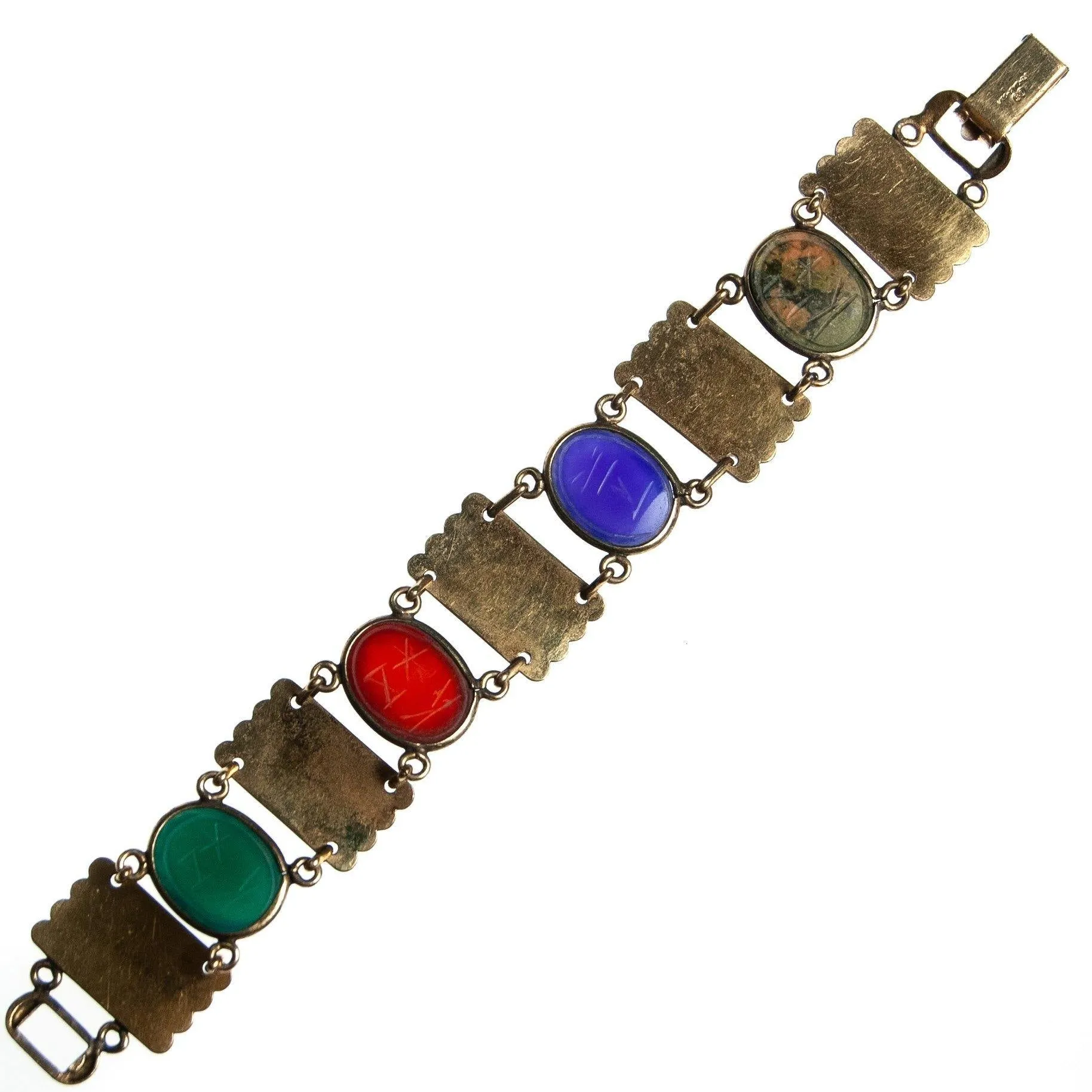 Vintage Scarab and Damascene Bracelet, Green, Red, Blue, and Green Gemstones, Gold Tone Setting, Snap Lock Clasp