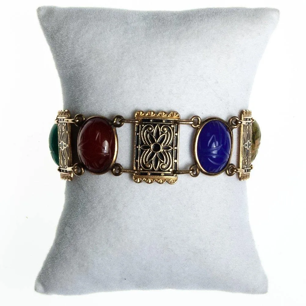 Vintage Scarab and Damascene Bracelet, Green, Red, Blue, and Green Gemstones, Gold Tone Setting, Snap Lock Clasp