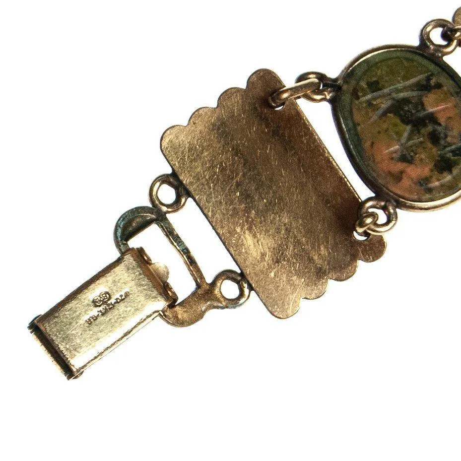 Vintage Scarab and Damascene Bracelet, Green, Red, Blue, and Green Gemstones, Gold Tone Setting, Snap Lock Clasp
