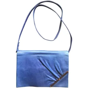 Vintage Valentino Garavani blue leather clutch shoulder bag with brown and golden logo plate at front. Gathered design.