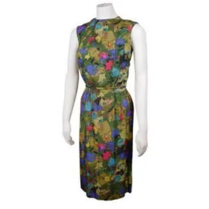 Vintage Watercolor Silk Dress Mardi Gras 1960S Rhinestones 38-24-36