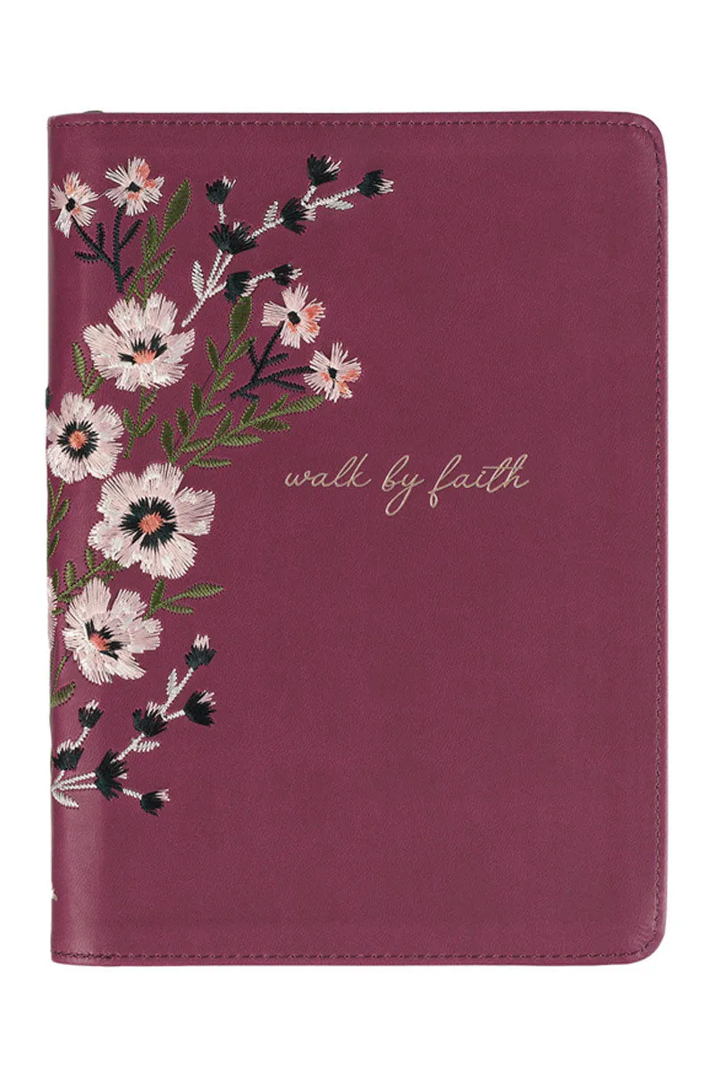 Walk By Faith Floral Embroidered Beet LuxLeather Zippered Journal