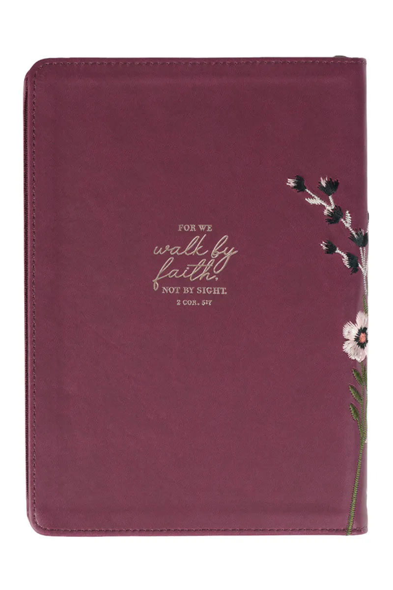 Walk By Faith Floral Embroidered Beet LuxLeather Zippered Journal
