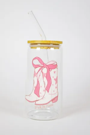 Walk By Faith Glass Cup with Lid and Straw