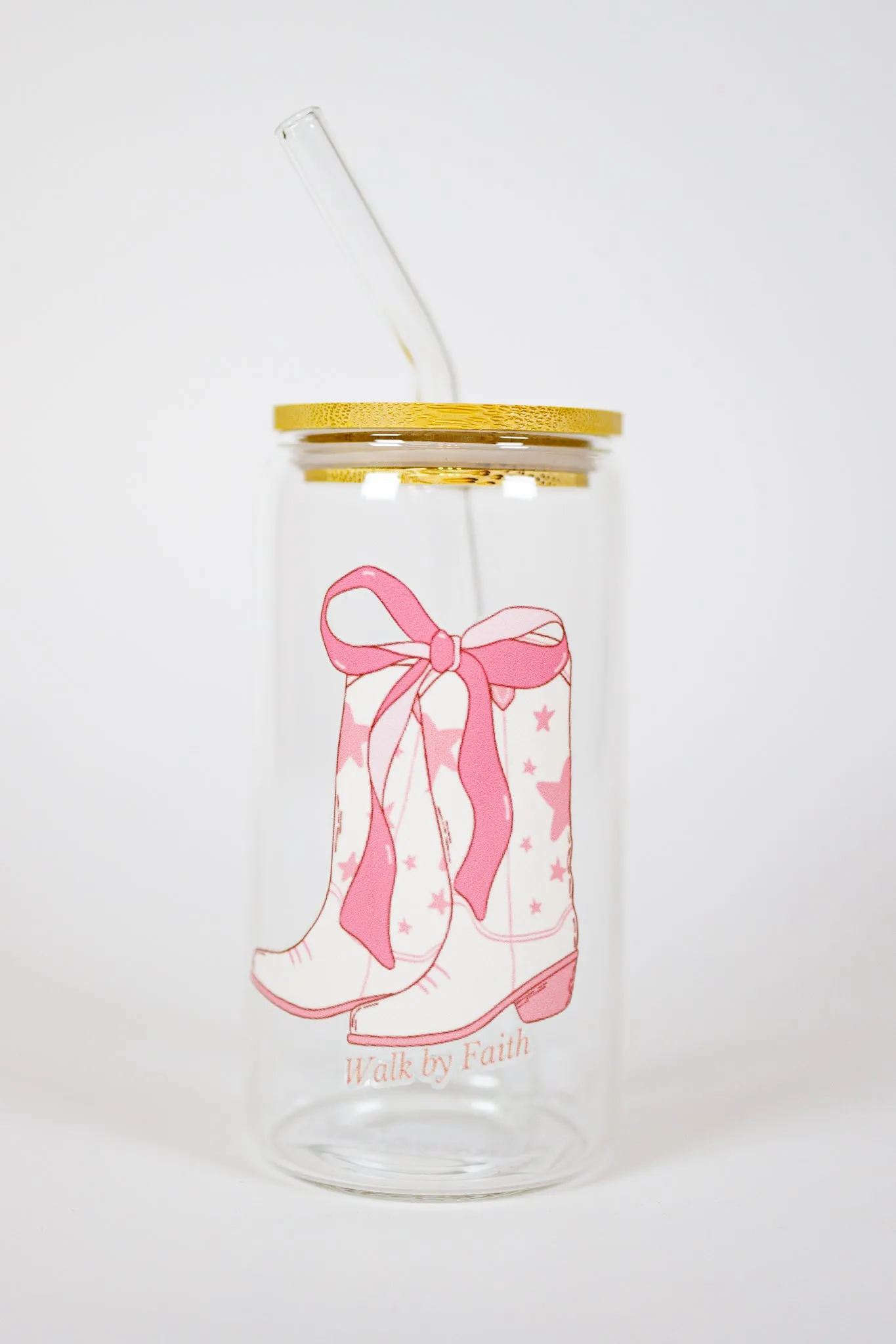 Walk By Faith Glass Cup with Lid and Straw