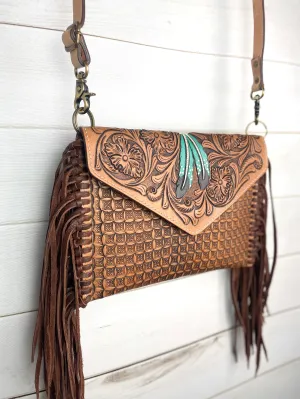Western Leather Feather Tooled Fringe Envelope Purse