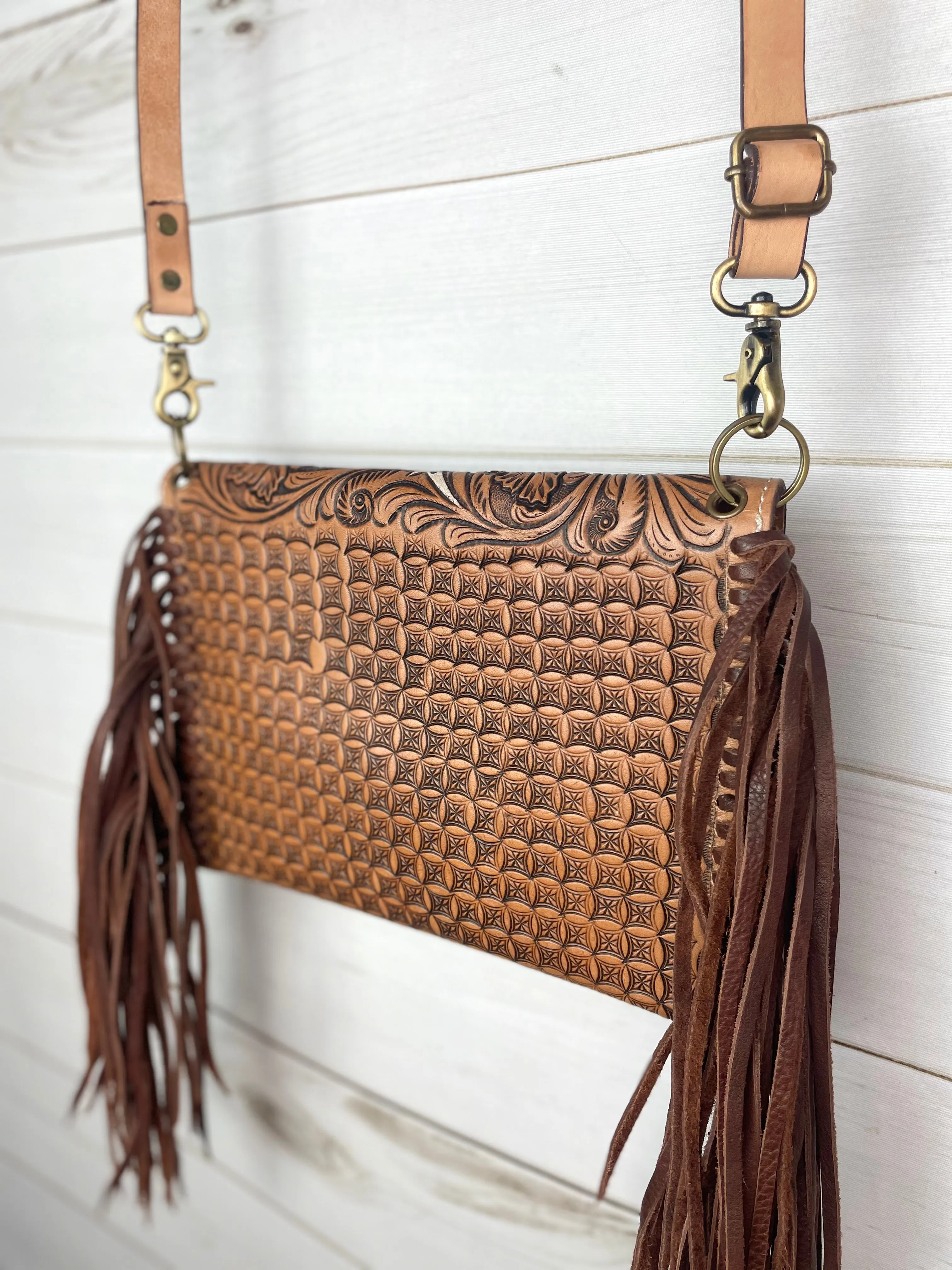 Western Leather Feather Tooled Fringe Envelope Purse