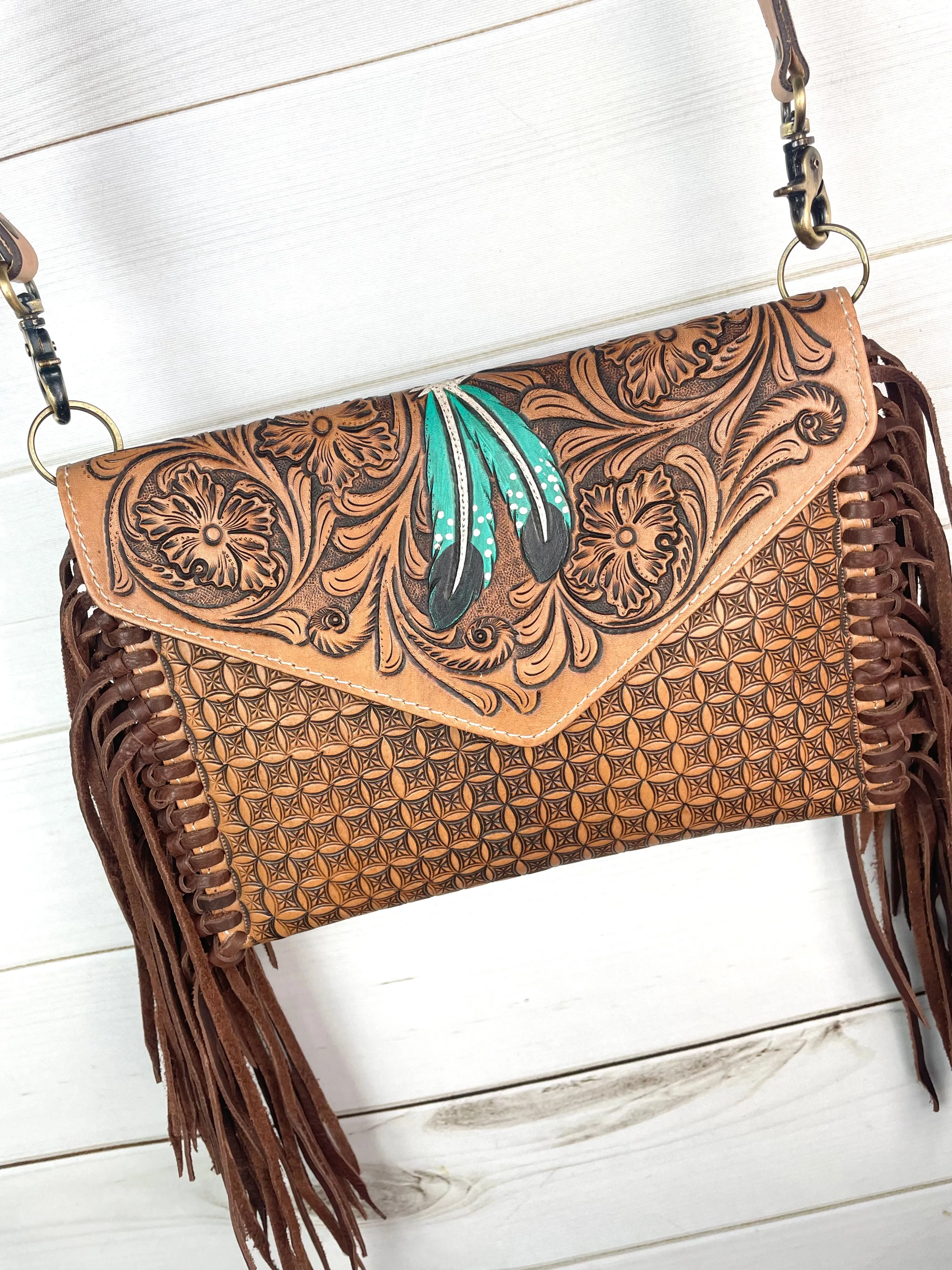 Western Leather Feather Tooled Fringe Envelope Purse