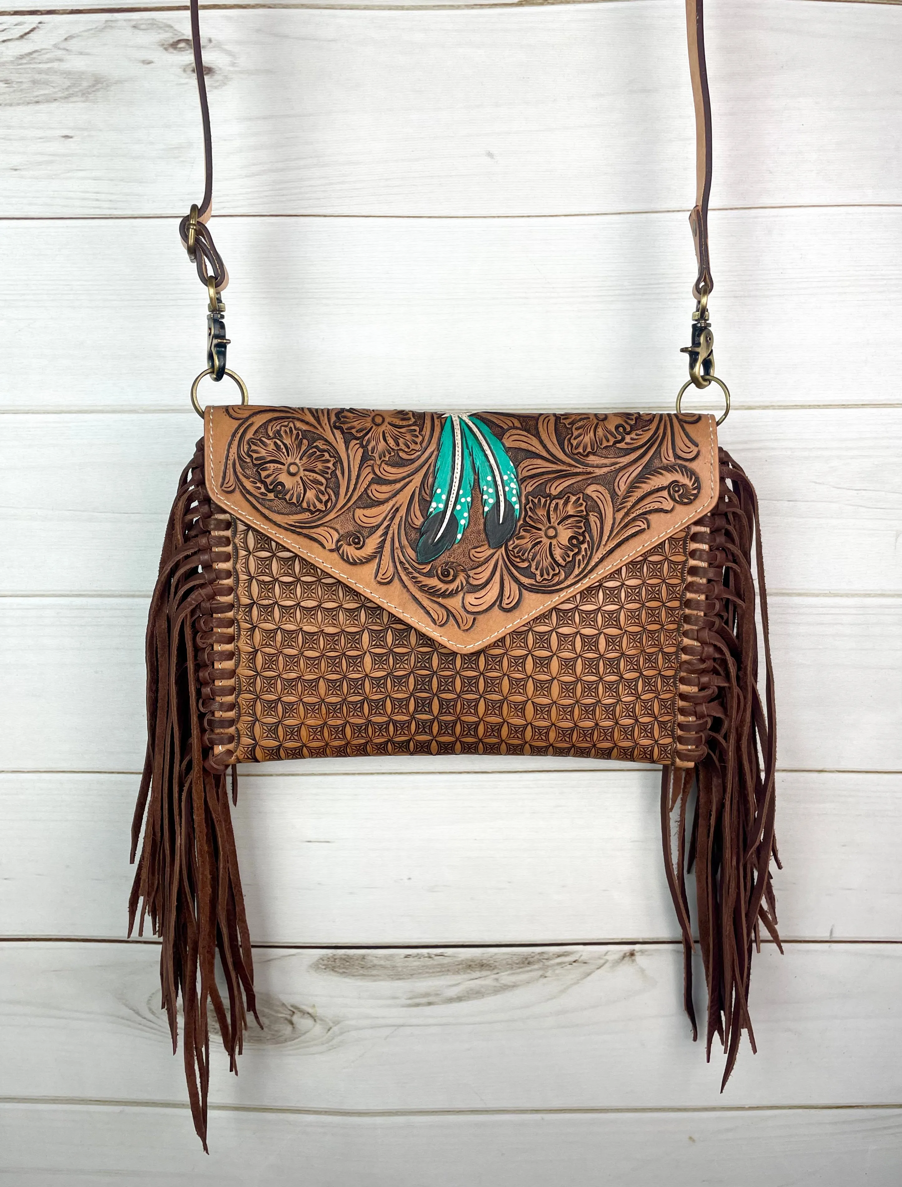 Western Leather Feather Tooled Fringe Envelope Purse