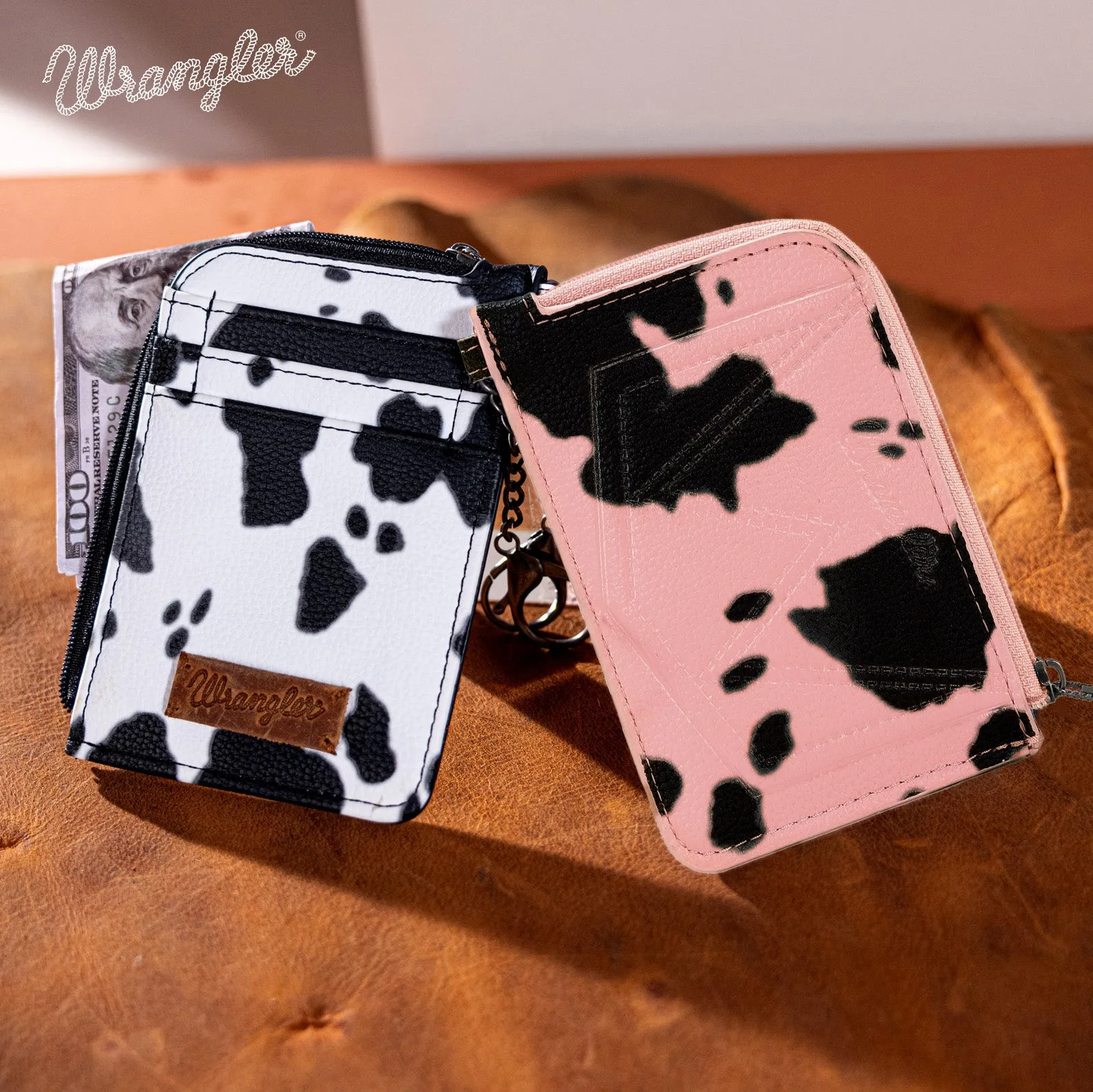 WG133-W005 Wrangler Cow Print Print Mini Zip Card Case - Pink