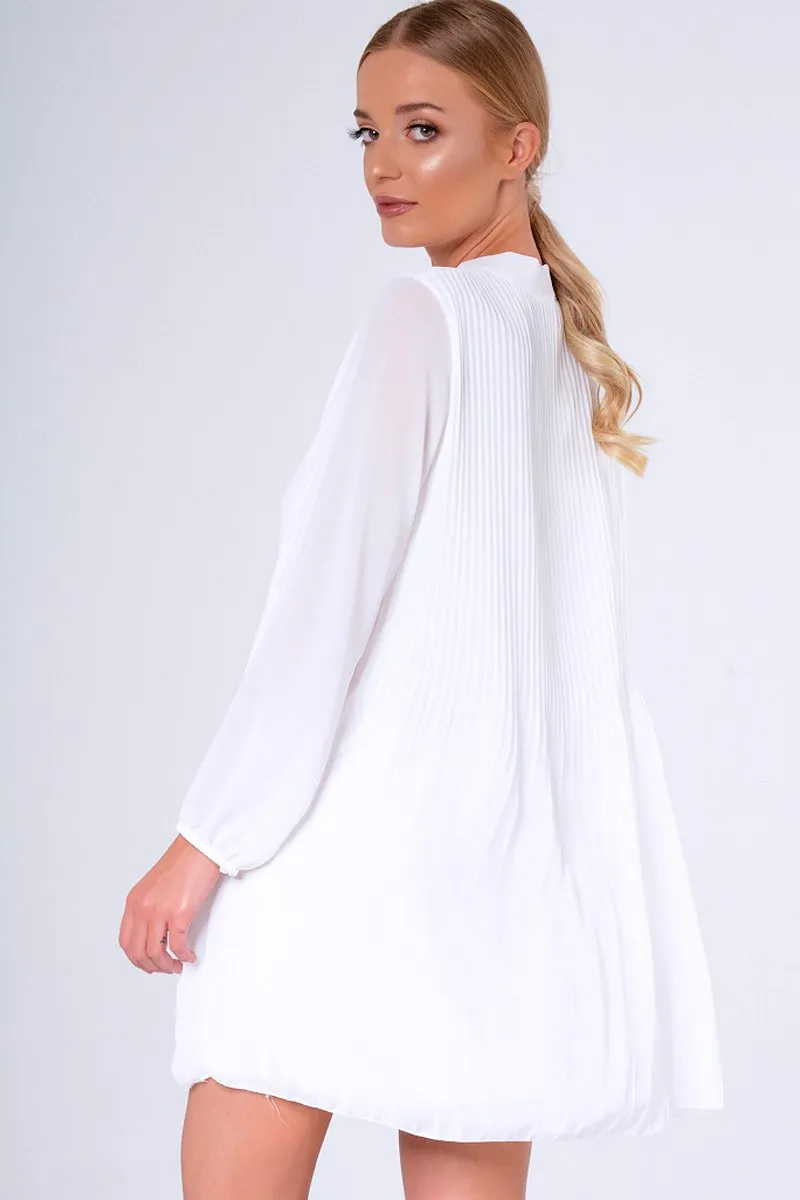 White Pleated Tie Neck Long Sleeve Swing Dress - Nickie