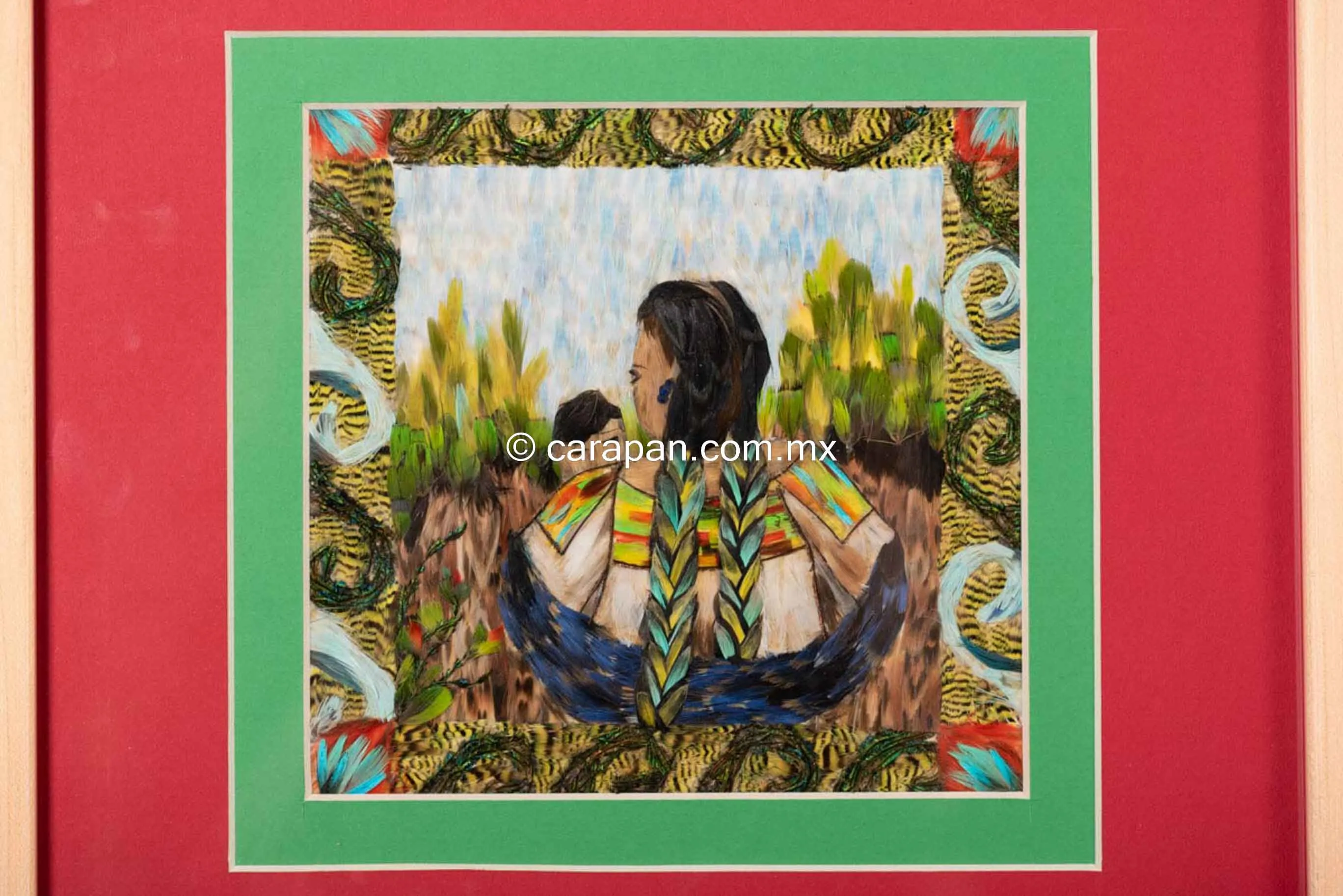WOMAN WITH BABY painting made of feathers made by purépecha indigenous people.
