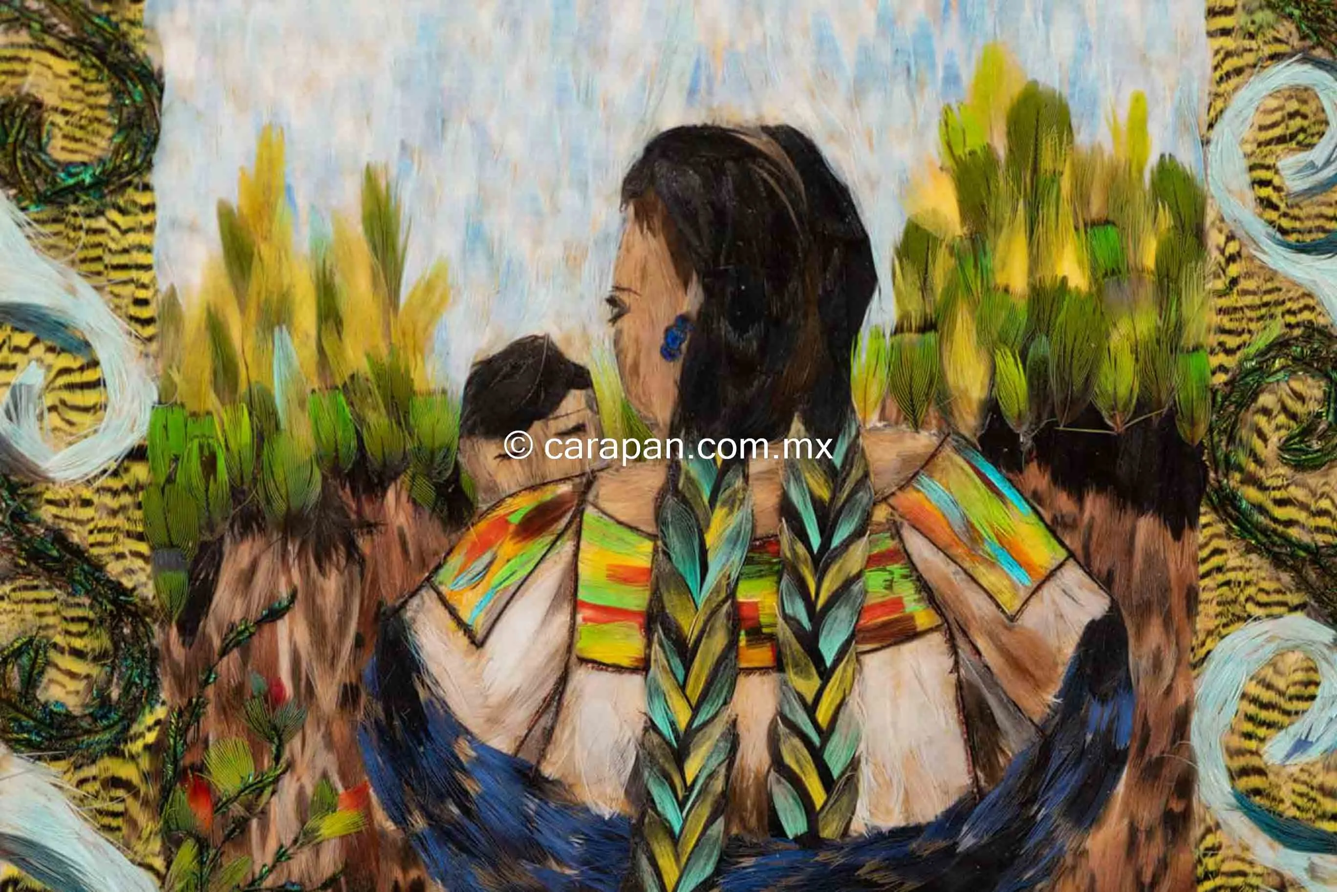 WOMAN WITH BABY painting made of feathers made by purépecha indigenous people.