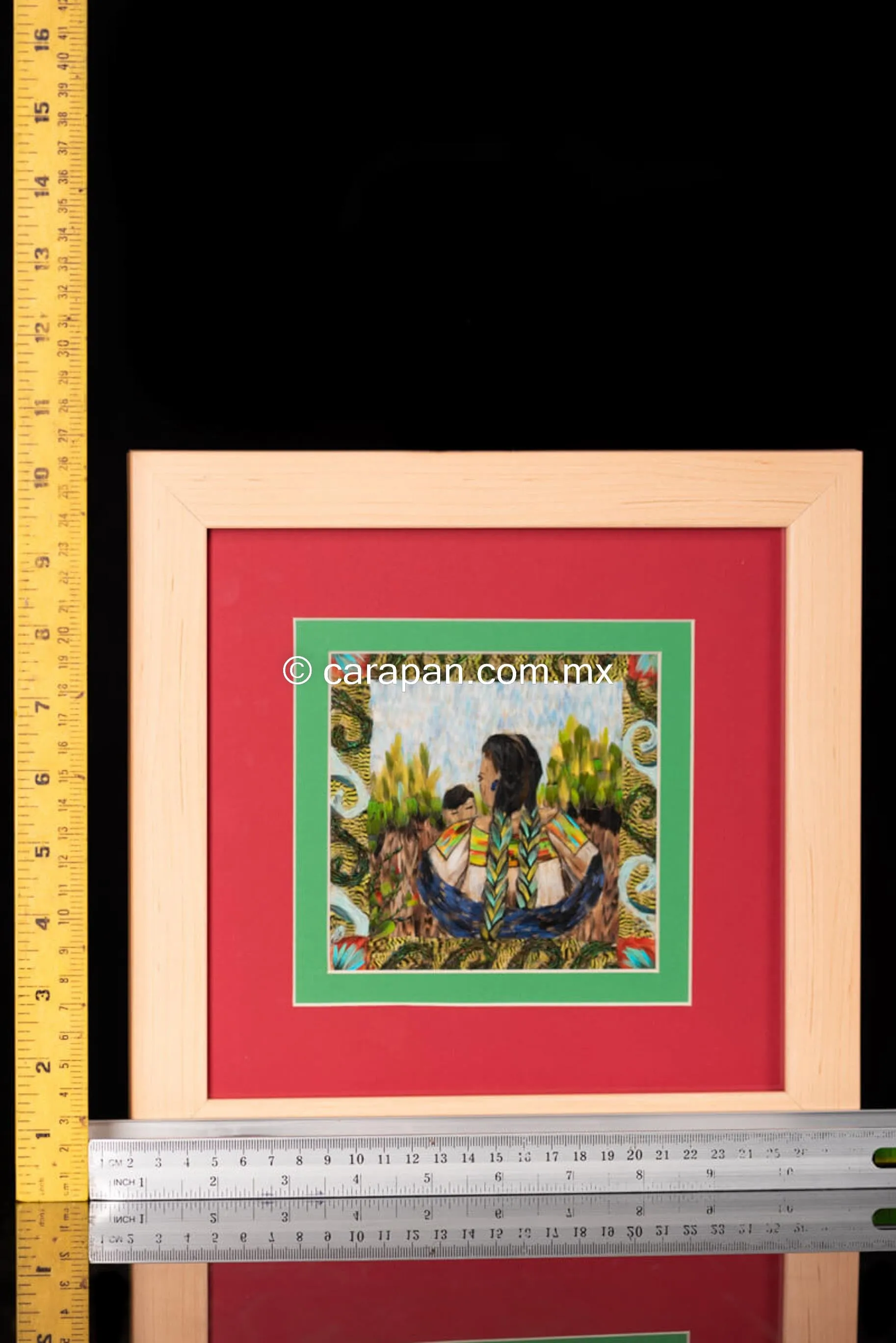 WOMAN WITH BABY painting made of feathers made by purépecha indigenous people.