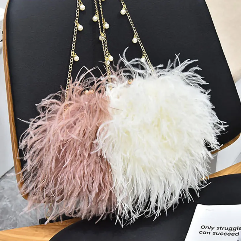 Women Ostrich Long Feather Bag Clutch Shoulder Fluffy Bag Purse Tote Bag