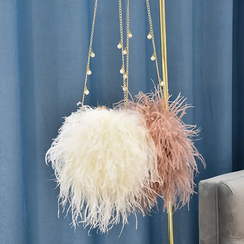 Women Ostrich Long Feather Bag Clutch Shoulder Fluffy Bag Purse Tote Bag