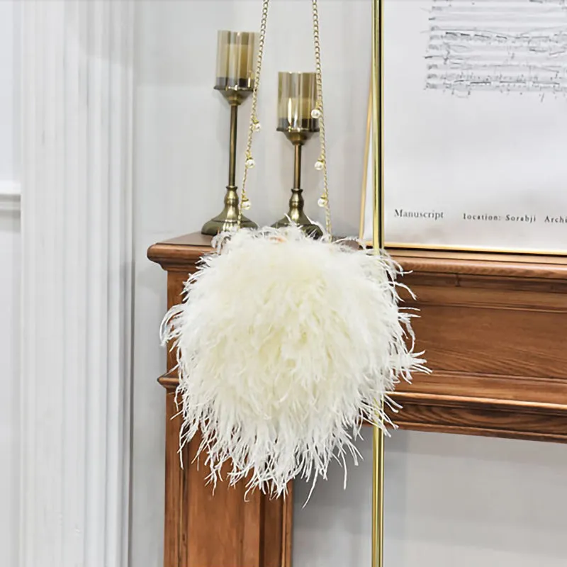Women Ostrich Long Feather Bag Clutch Shoulder Fluffy Bag Purse Tote Bag