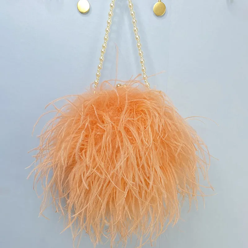 Women Ostrich Long Feather Bag Clutch Shoulder Fluffy Bag Purse Tote Bag