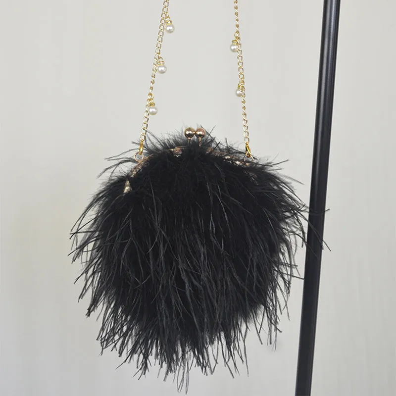 Women Ostrich Long Feather Bag Clutch Shoulder Fluffy Bag Purse Tote Bag