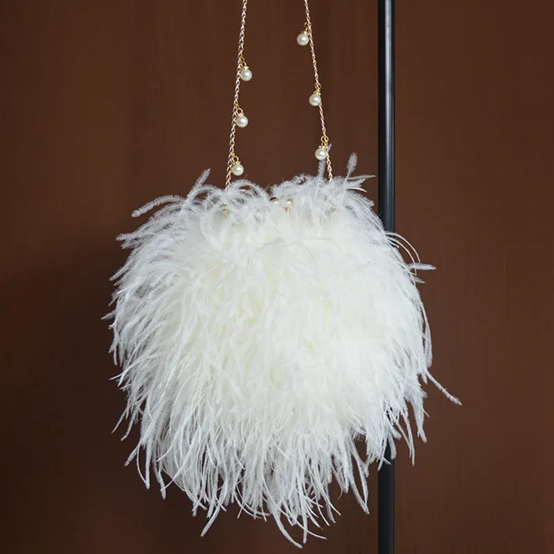 Women Ostrich Long Feather Bag Clutch Shoulder Fluffy Bag Purse Tote Bag