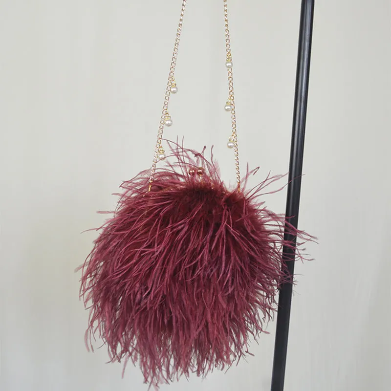 Women Ostrich Long Feather Bag Clutch Shoulder Fluffy Bag Purse Tote Bag