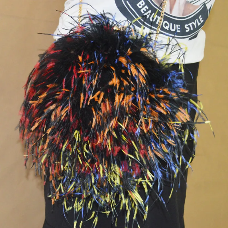 Women Ostrich Long Feather Bag Clutch Shoulder Fluffy Bag Purse Tote Bag