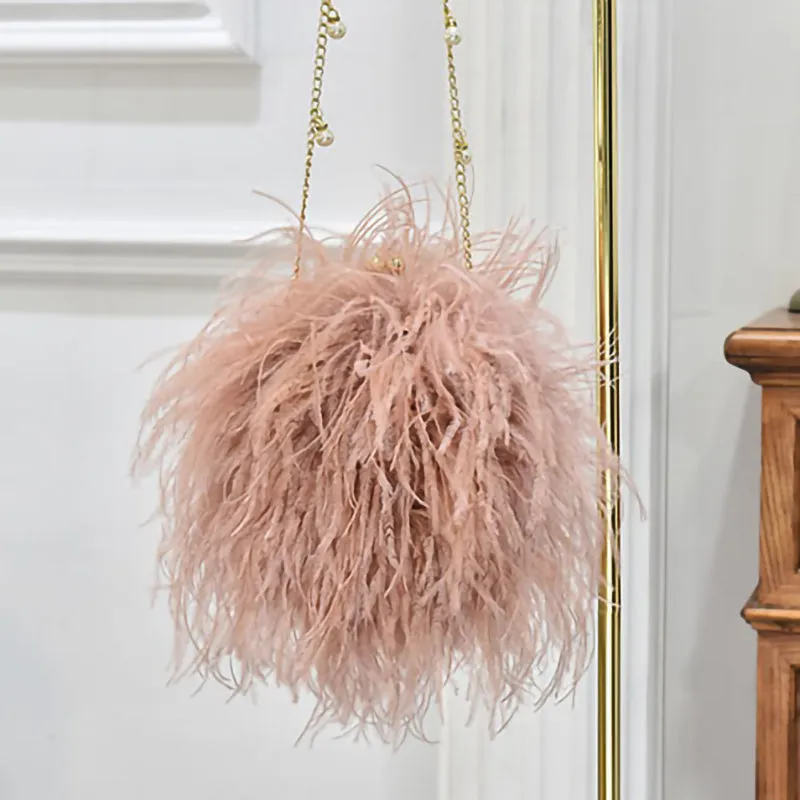 Women Ostrich Long Feather Bag Clutch Shoulder Fluffy Bag Purse Tote Bag