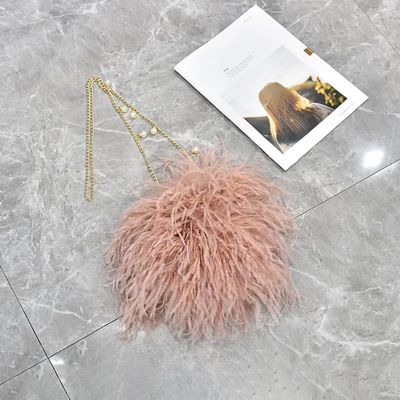 Women Ostrich Long Feather Bag Clutch Shoulder Fluffy Bag Purse Tote Bag