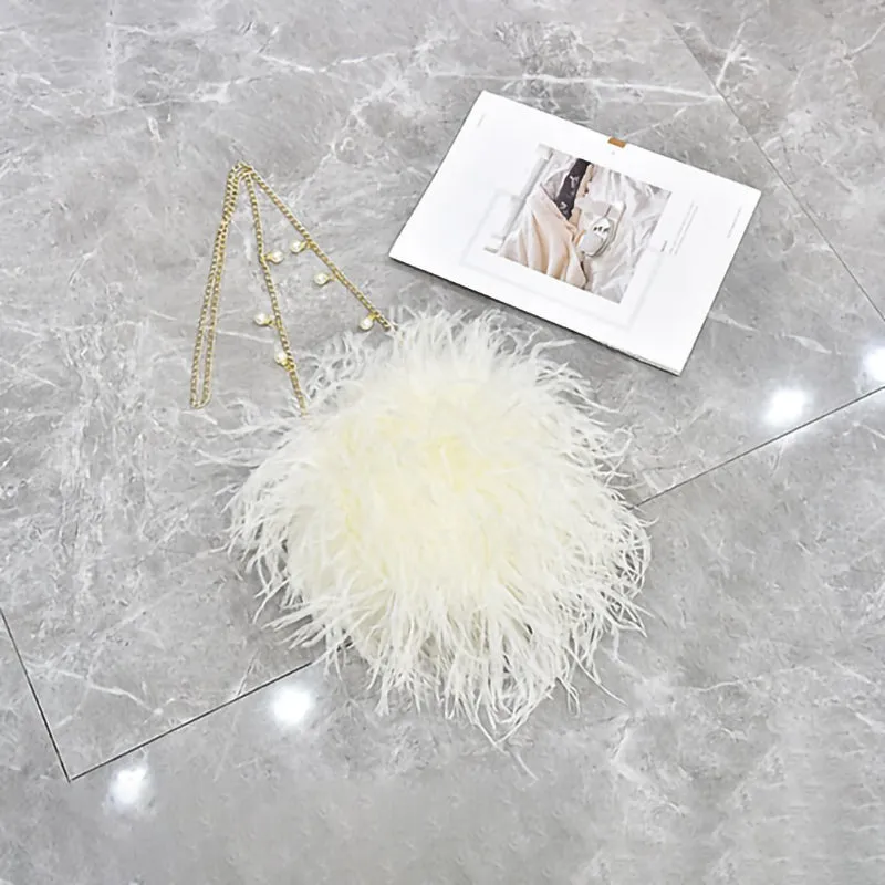 Women Ostrich Long Feather Bag Clutch Shoulder Fluffy Bag Purse Tote Bag
