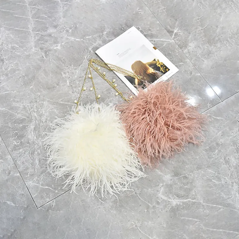 Women Ostrich Long Feather Bag Clutch Shoulder Fluffy Bag Purse Tote Bag