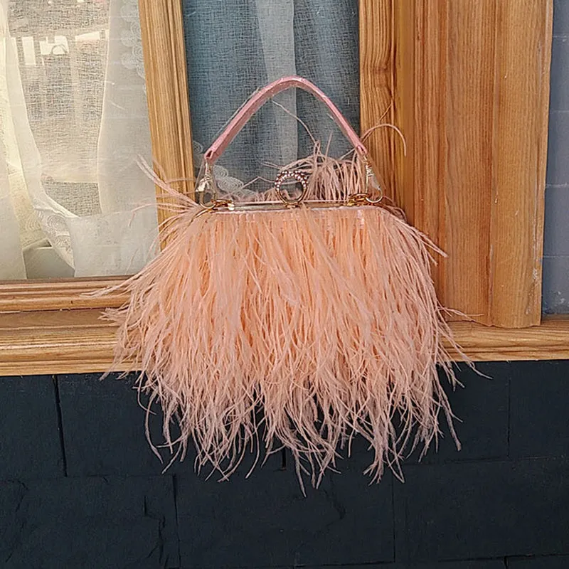 Women's Fashion Feather Purse Long Hair Lady Turkey Fur Hand Bags Evening Bags Capacity Shoulder Bag S4174